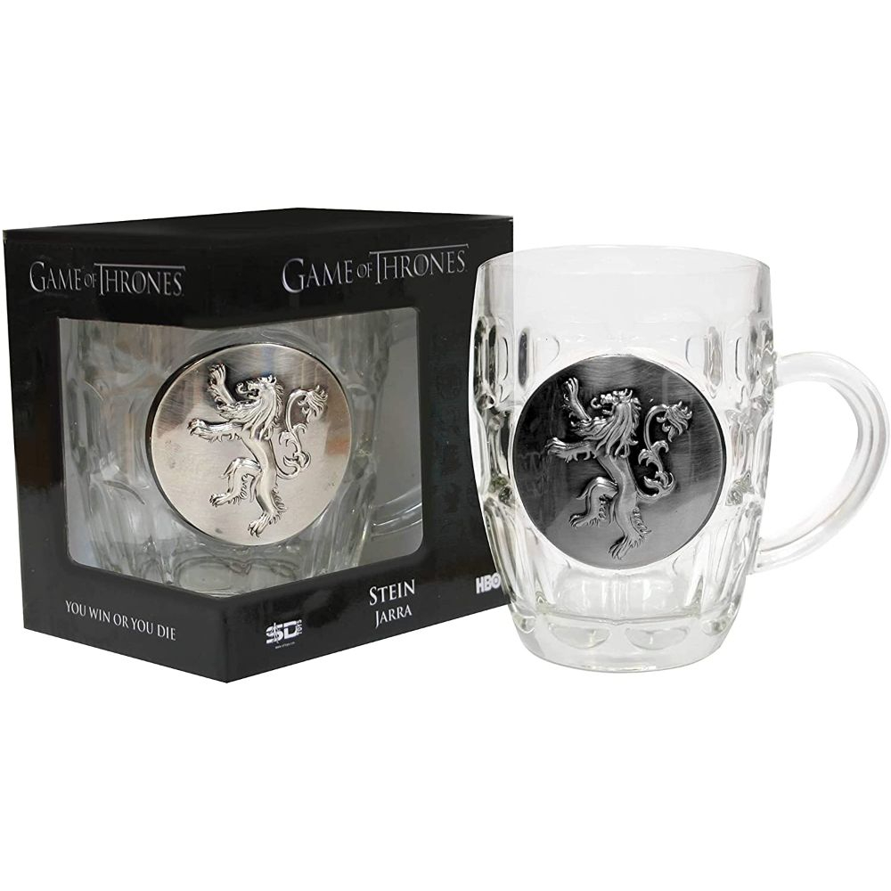 Jarra Stein de Juego de Tronos. Vidrio transparente con escudo plateado. Caja negra con texto.
