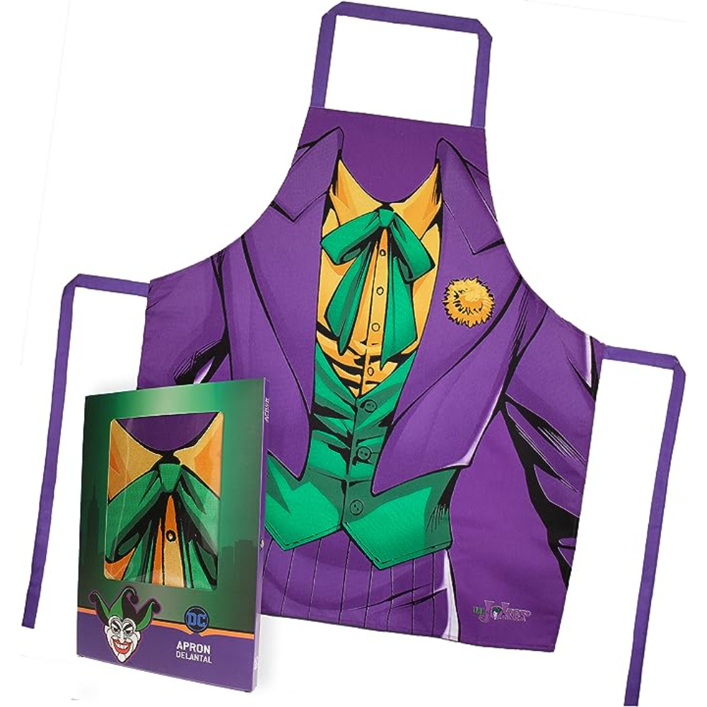 Delantal del Joker con diseño de traje del Joker y una caja a juego.