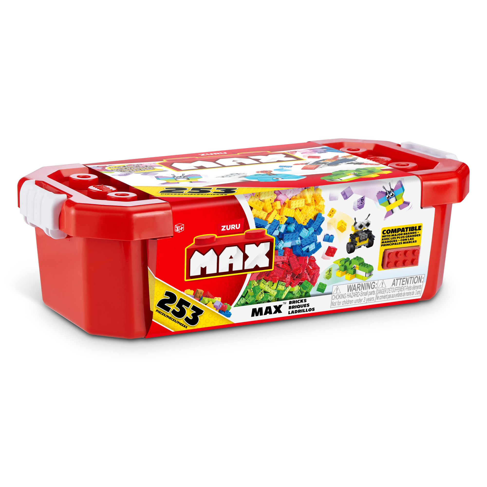 Rote Plastikbox mit MAX-Logo und Bausteinen. Enthält mehrfarbige Steine und ein Warnschild.