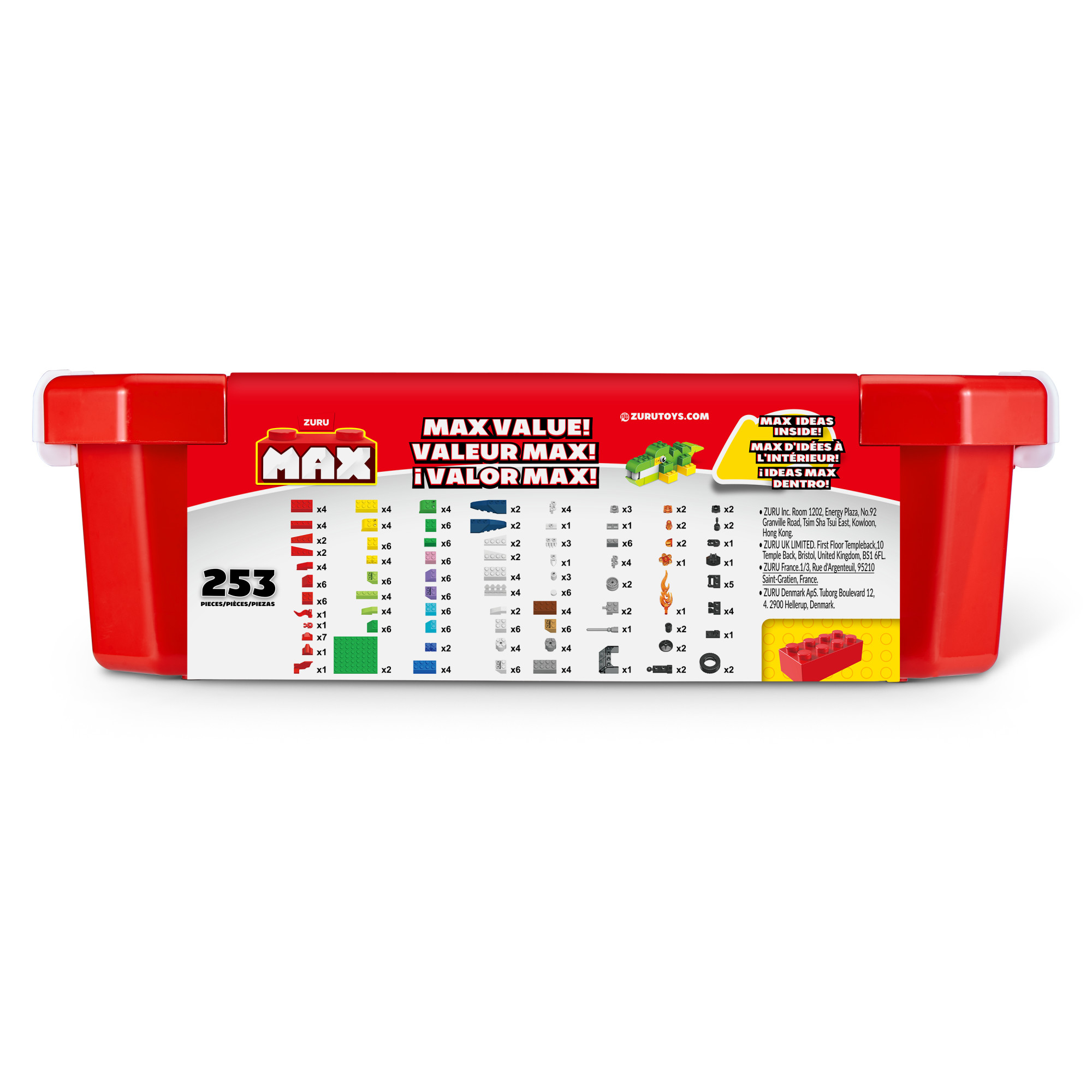 Eine rote Box voller bunter Spielzeug-Bausteine, mit Text und Diagrammen.
