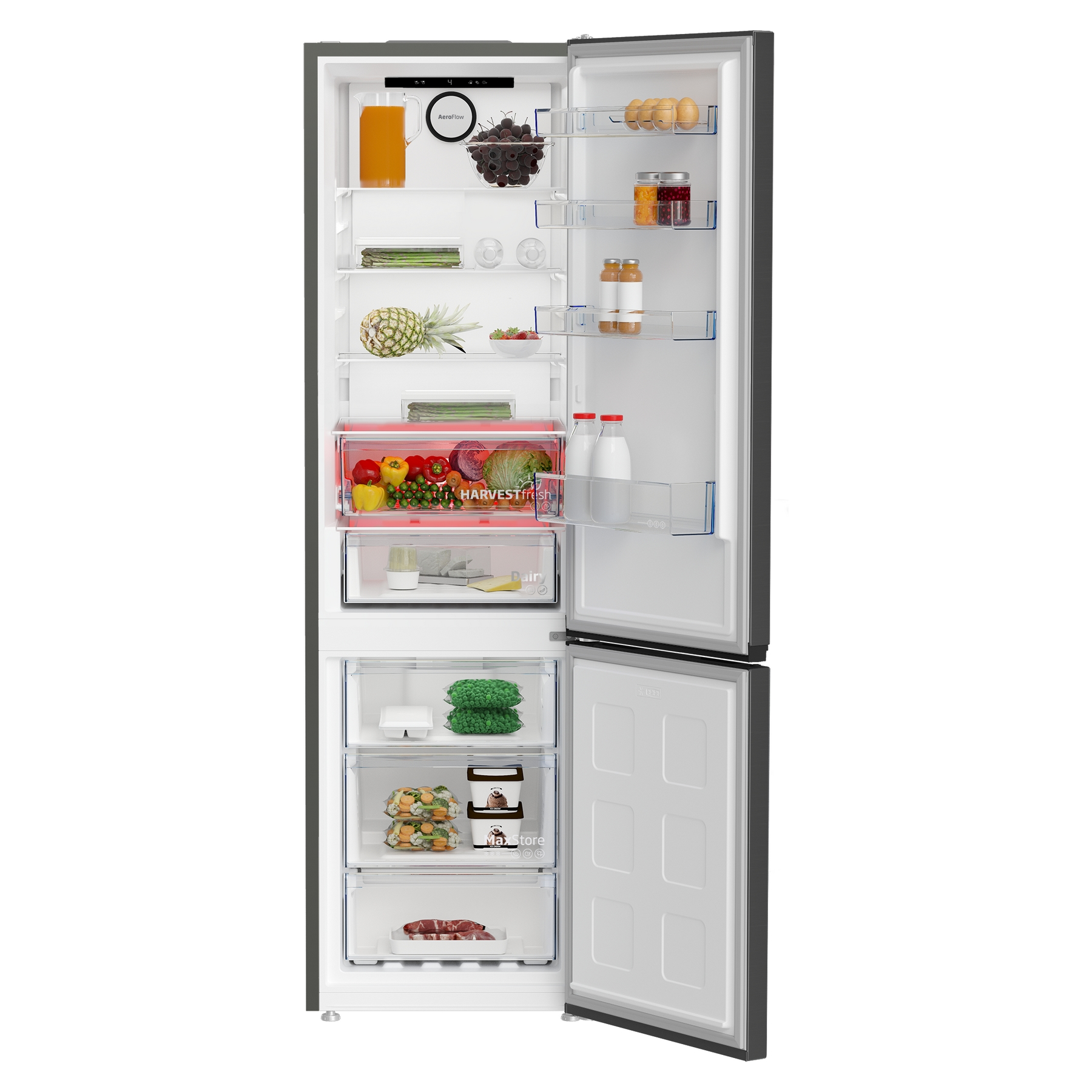 Otwarta lodówka z jedzeniem w środku. Owoce, warzywa, sok i inne produkty. Szary na zewnątrz.