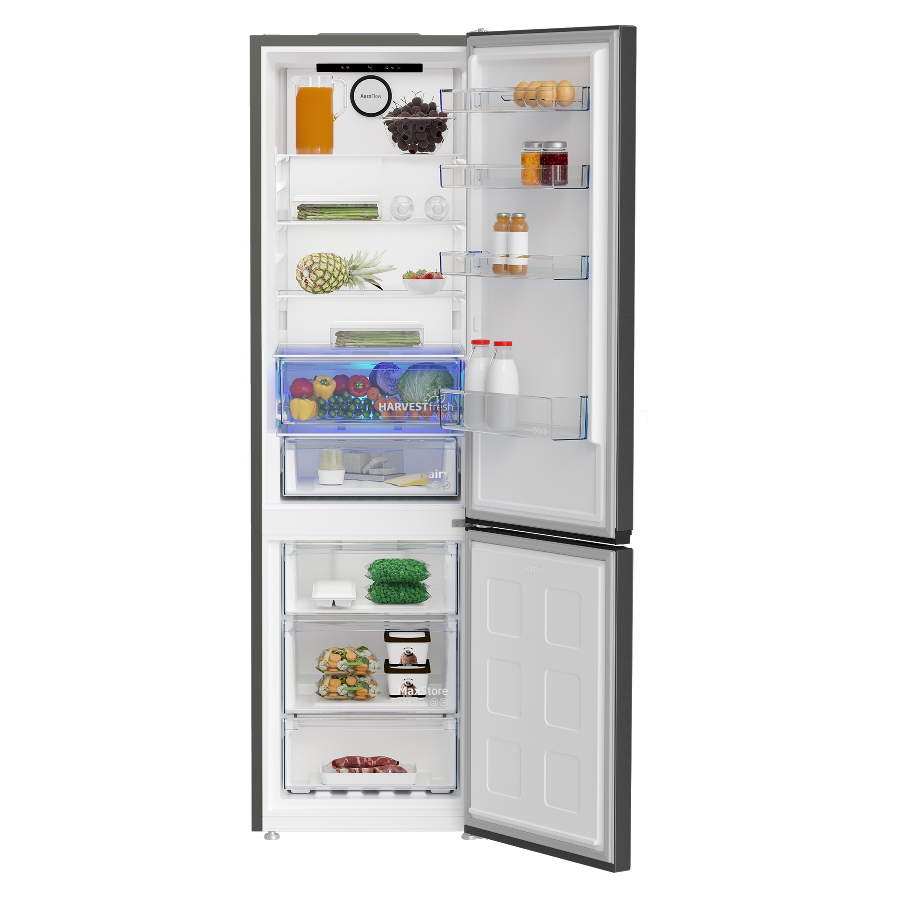 Otwarta lodówka z jedzeniem w środku, w tym owoce, warzywa i zapakowane produkty.