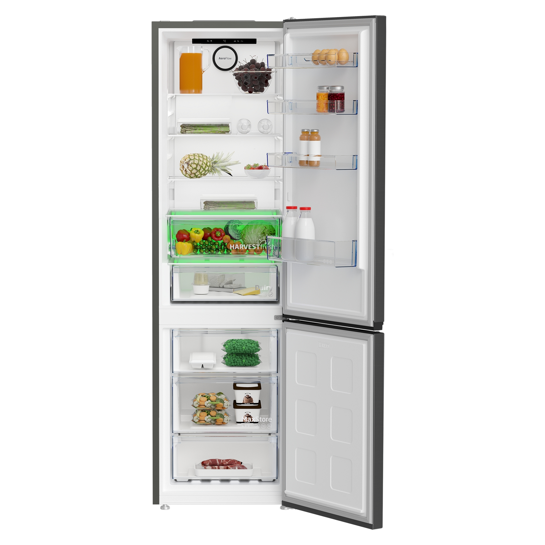 Otwarta lodówka pokazująca półki z artykułami spożywczymi, w tym owoce, warzywa i napoje.