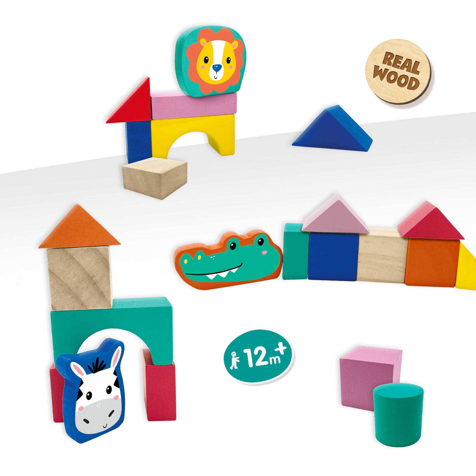 Blocchi di costruzione in legno. Include animali, forme e le parole 'Legno vero' e '12m+'.