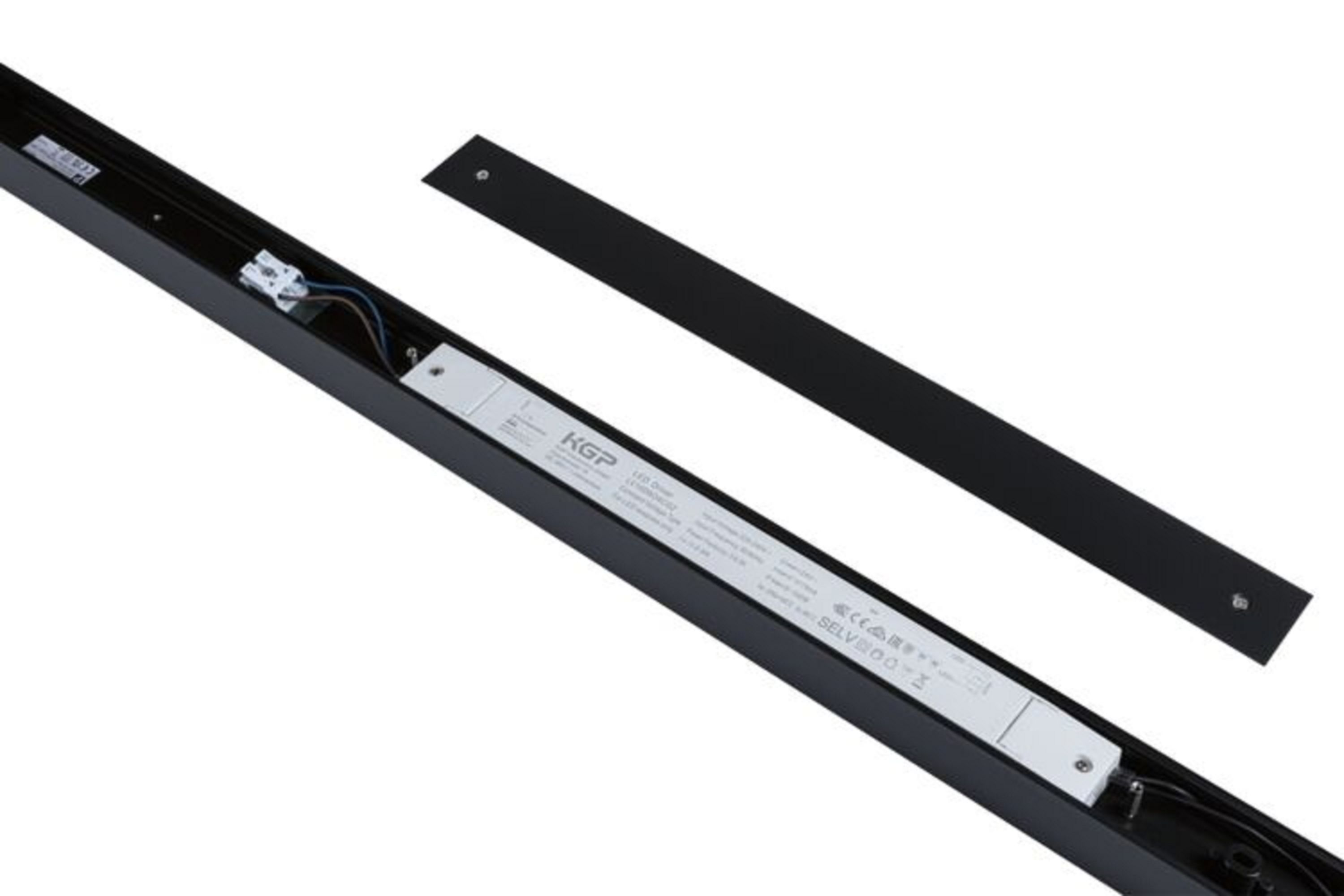 Schwarze LED-Leuchte mit weißem Licht, zerlegt, zeigt interne Komponenten.