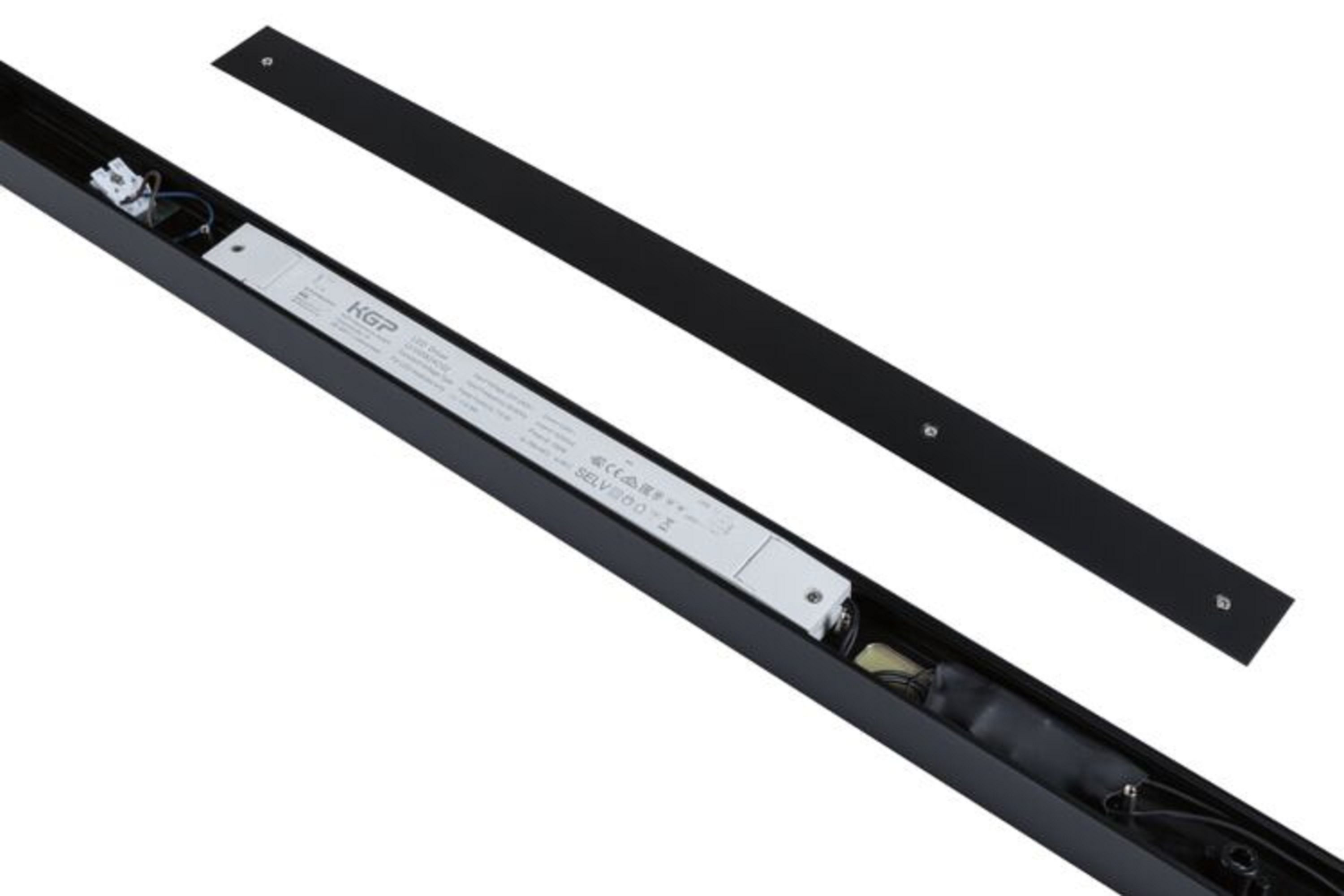Schwarze LED-Leuchte, zerlegt, zeigt interne Komponenten mit weißem Licht.