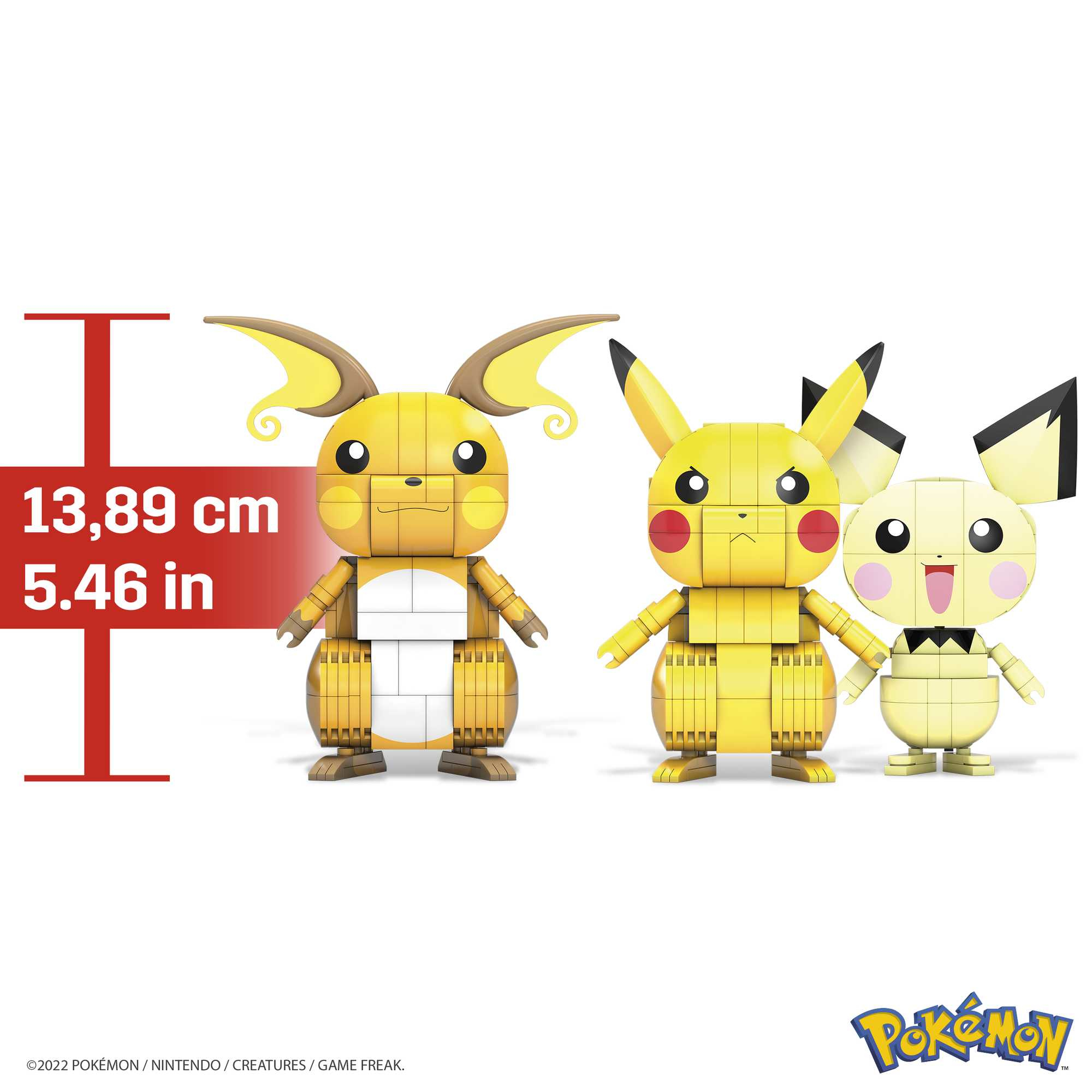 Figurki Mega Construx Pokémon. Pikachu, Raichu i Pichu, ze wskaźnikiem wysokości.