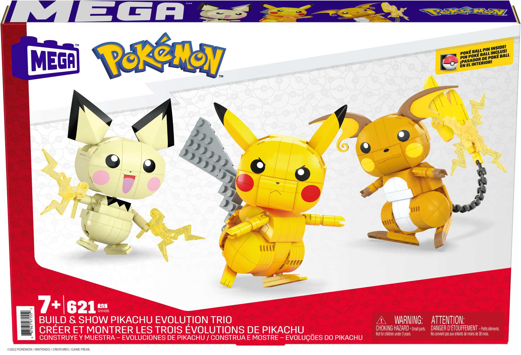 Zestaw Mega Construx Pokémon z figurkami Pikachu i Raichu, na białym tle.