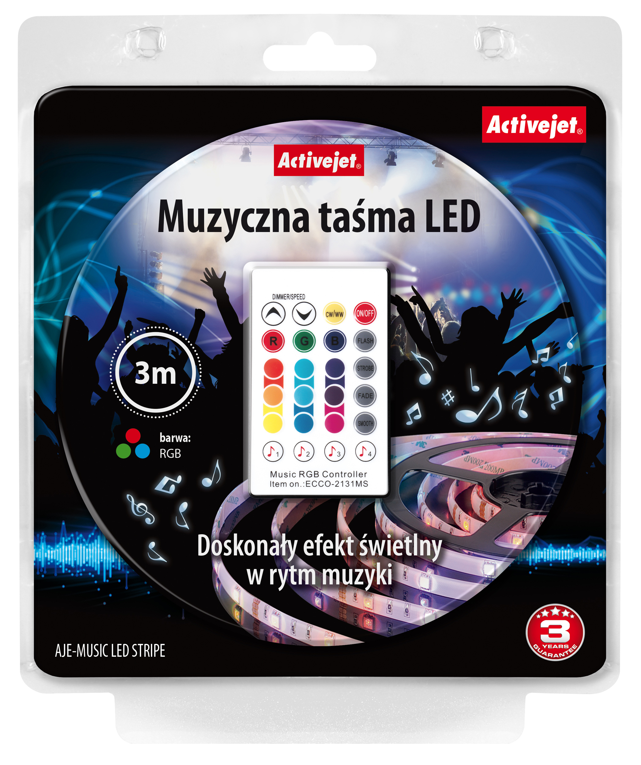 Opakowanie listwy LED z pilotem, nutami i sylwetkami ludzi. Ciemne tło.