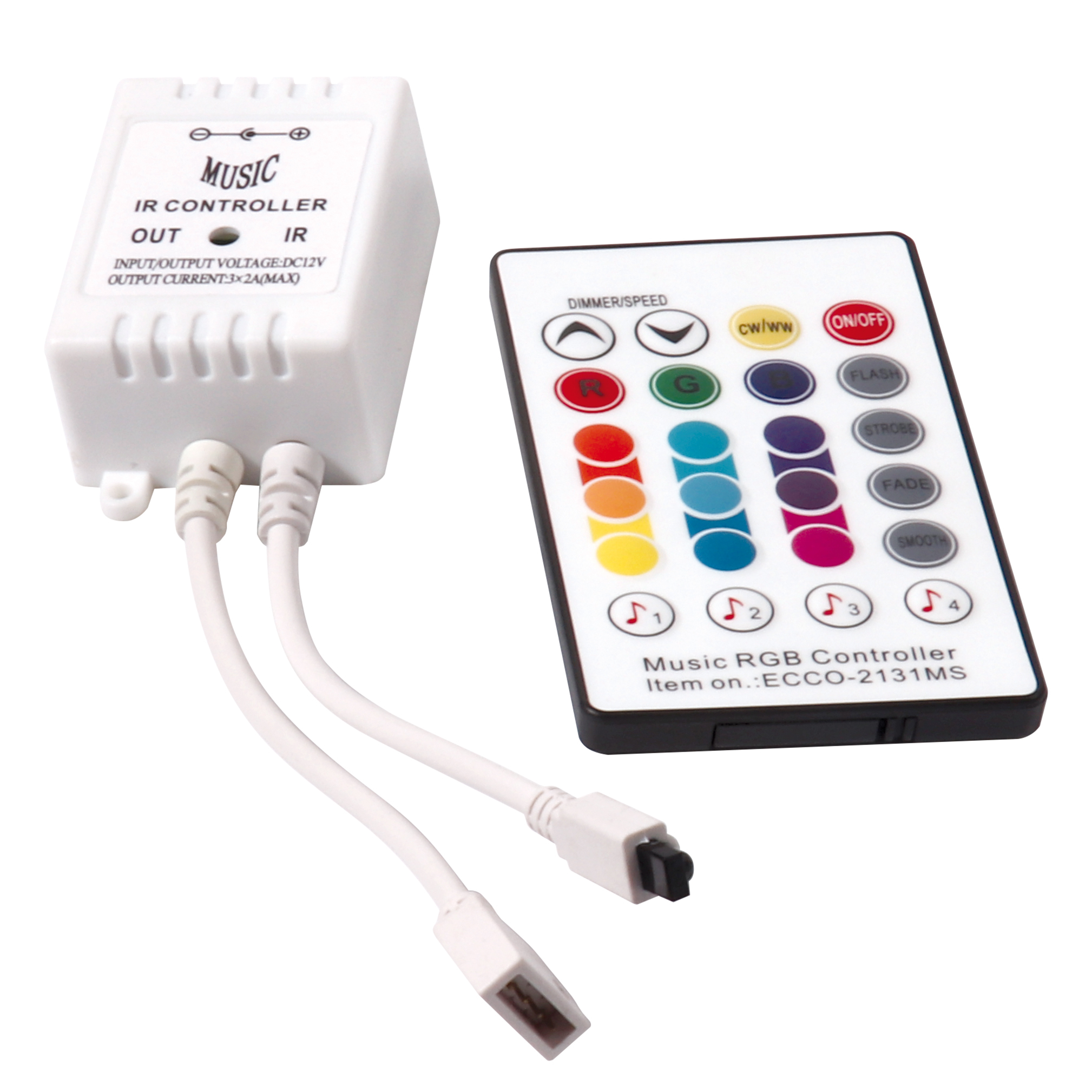 Biały kontroler muzyki z pilotem, kablami i złączem USB.