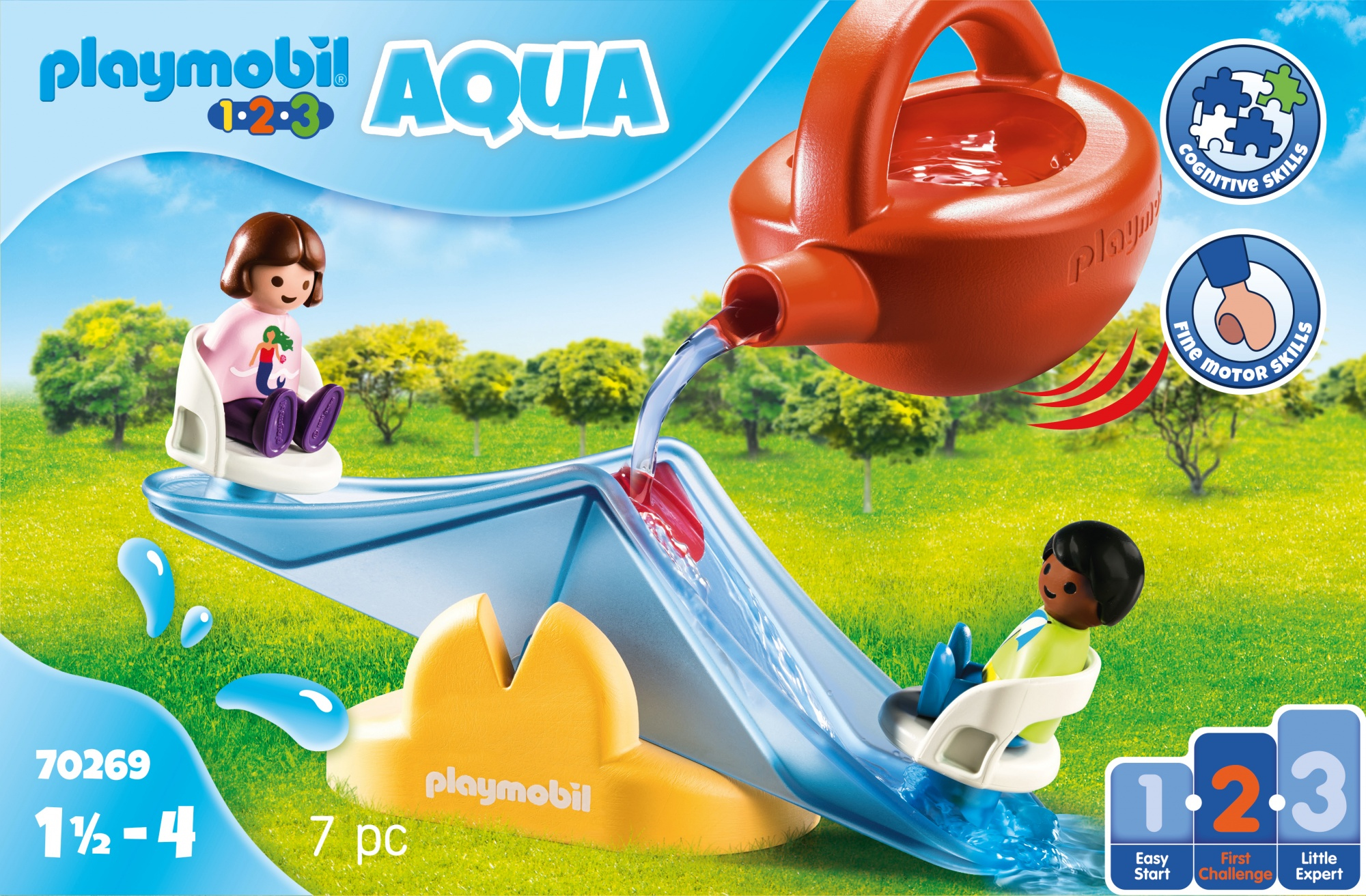 Playmobil Aqua Spielset. Wasser, das aus einer Gießkanne auf eine Rutsche mit zwei Playmobil-Figuren gegossen wird.