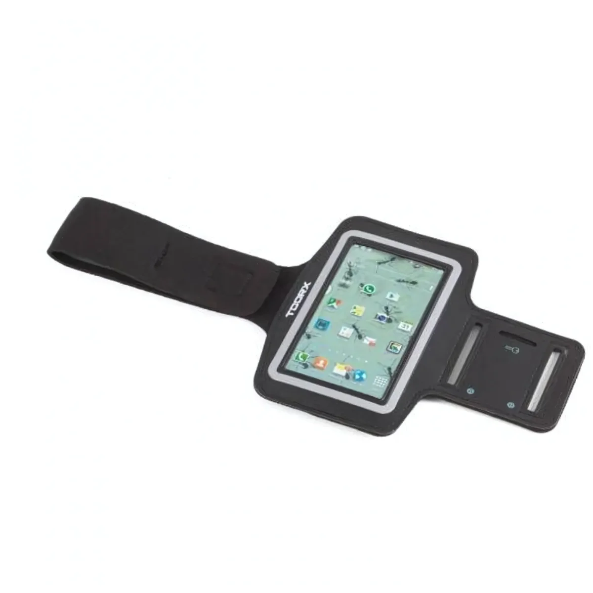 Black armband with a phone inside, screen visible. White background.