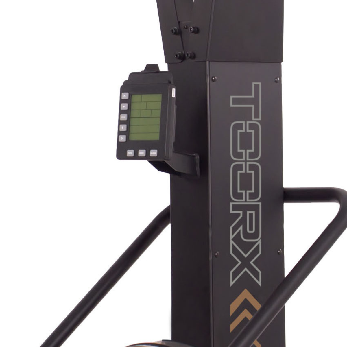 Black TOORX exercise machine detail with digital display and brand name. White background.