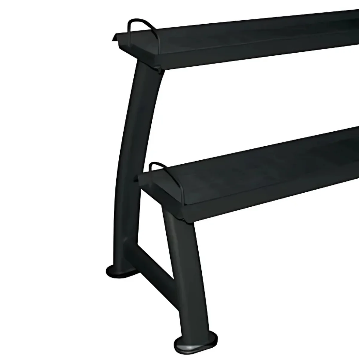 Black weight rack with two tiers for holding dumbbells.