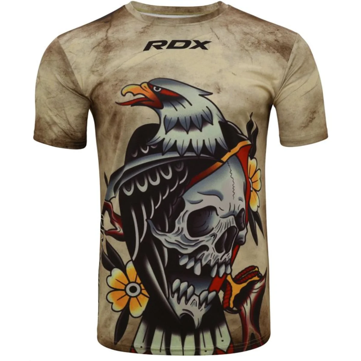 Un t-shirt avec un motif de tatouage d'aigle et de crâne sur fond beige.