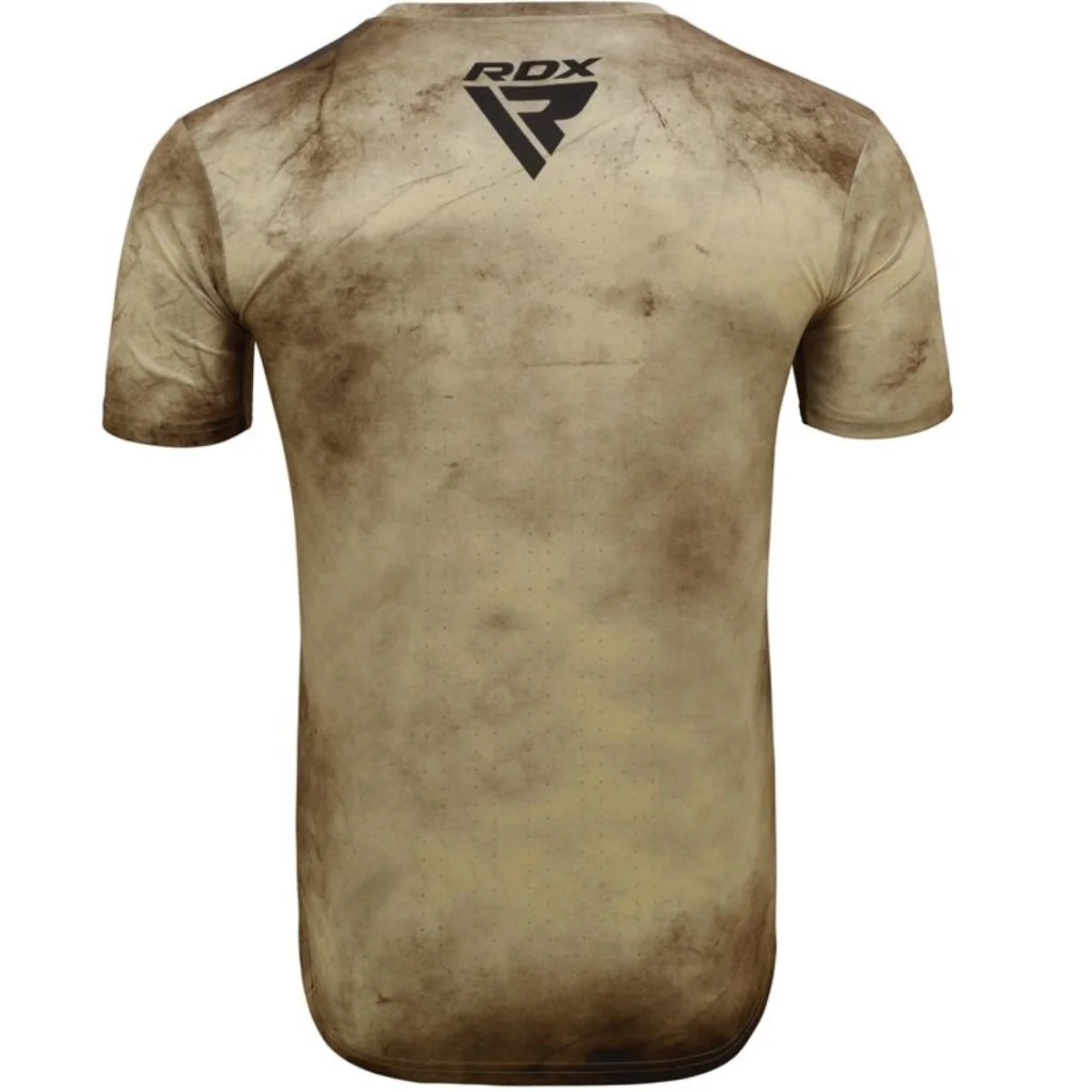 Vue arrière d'un t-shirt RDX beige avec logo, montrant une texture usée.