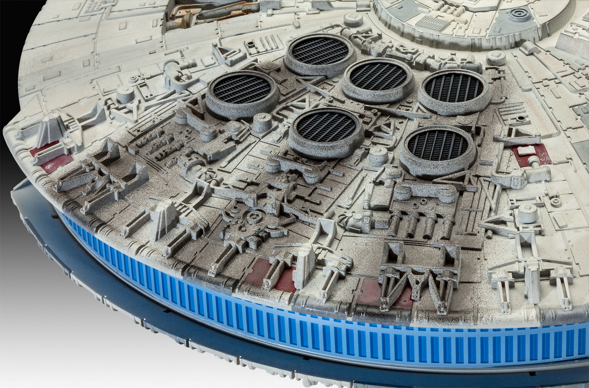 Close-up van een model van het ruimteschip Millennium Falcon.