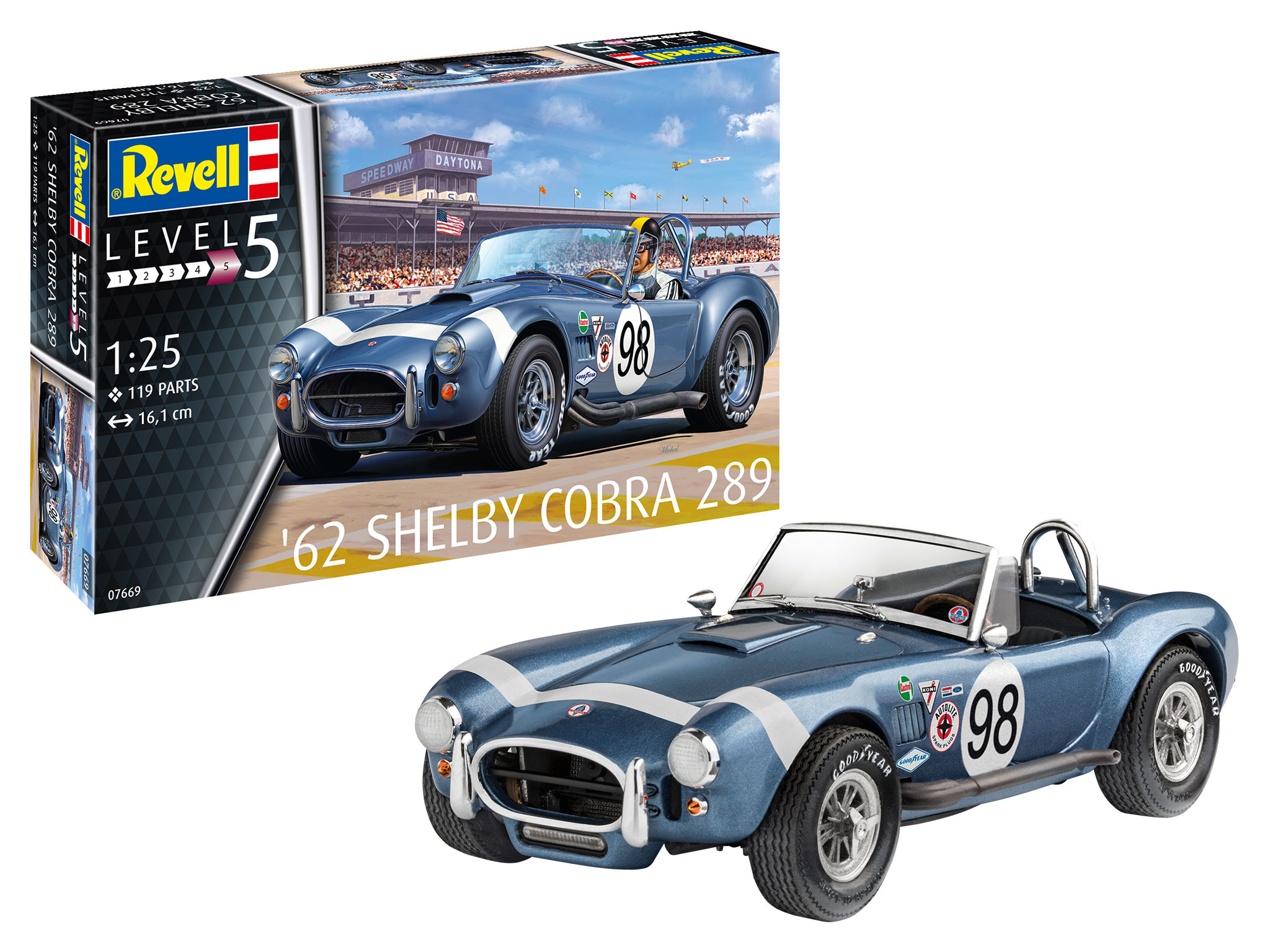 '62 Shelby Cobra 289 Modellbausatz mit Boxart und montiertem Modellauto. Blau und weiß.