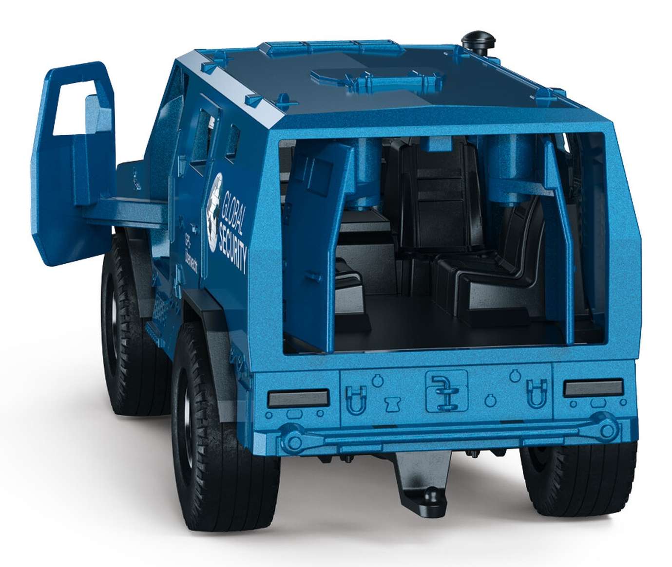 Ein blauer gepanzerter Lastwagen mit offenen Türen. Es steht 'Global Security' drauf. Weißer Hintergrund.