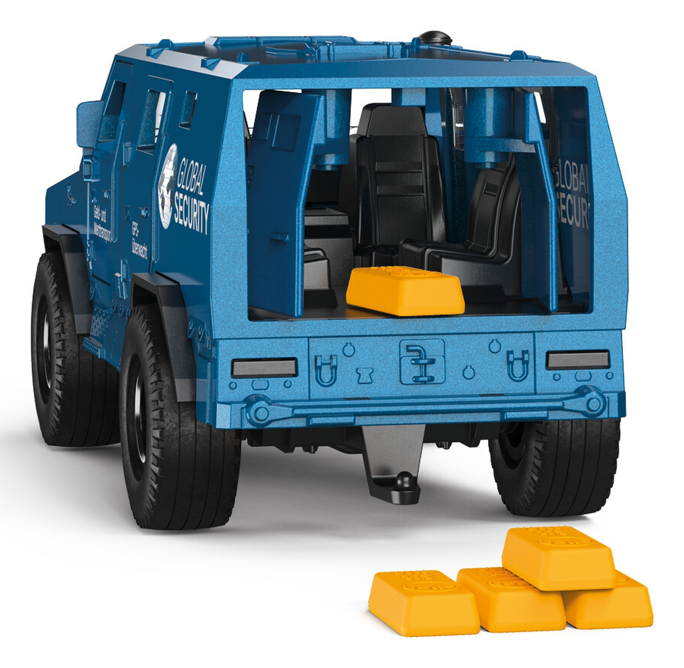 Blauer gepanzerter LKW mit Goldbarren innen und daneben.