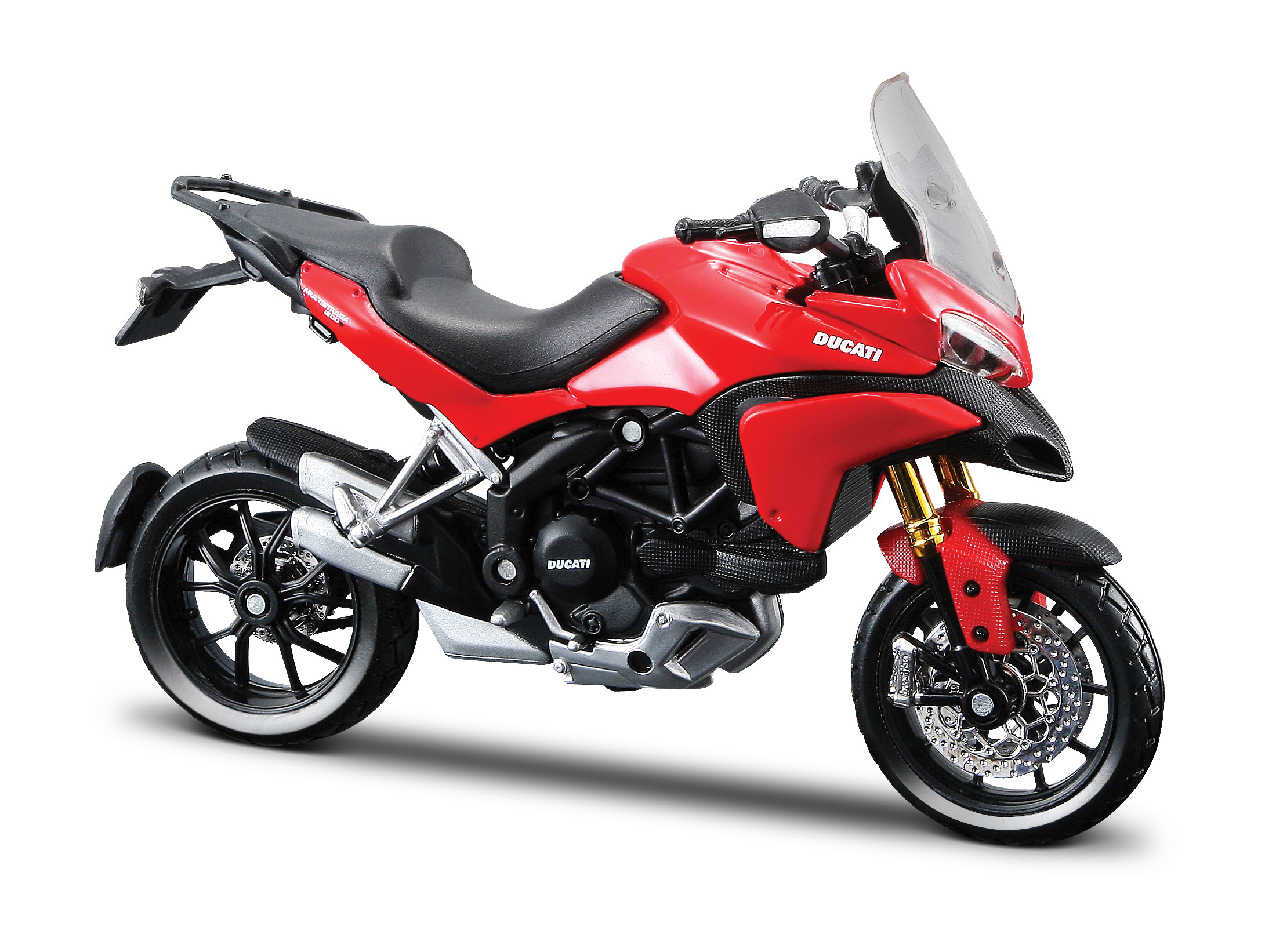 Rotes Ducati Motorradmodell vor weißem Hintergrund. Detaillierte Aufnahme des Fahrzeugs.