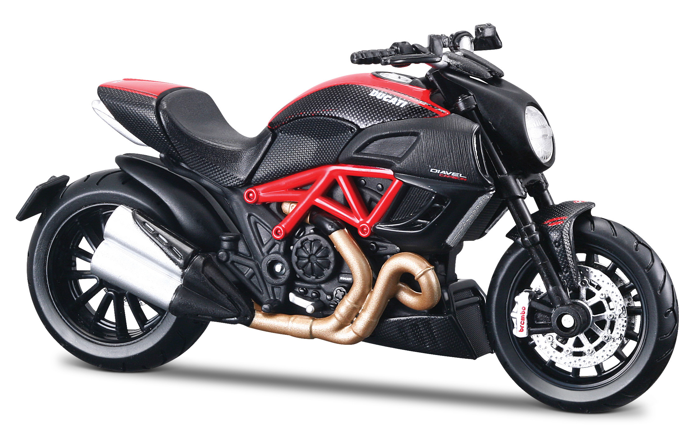 Ducati-Motorrad mit rotem Rahmen, schwarzem Körper und goldenem Auspuff.