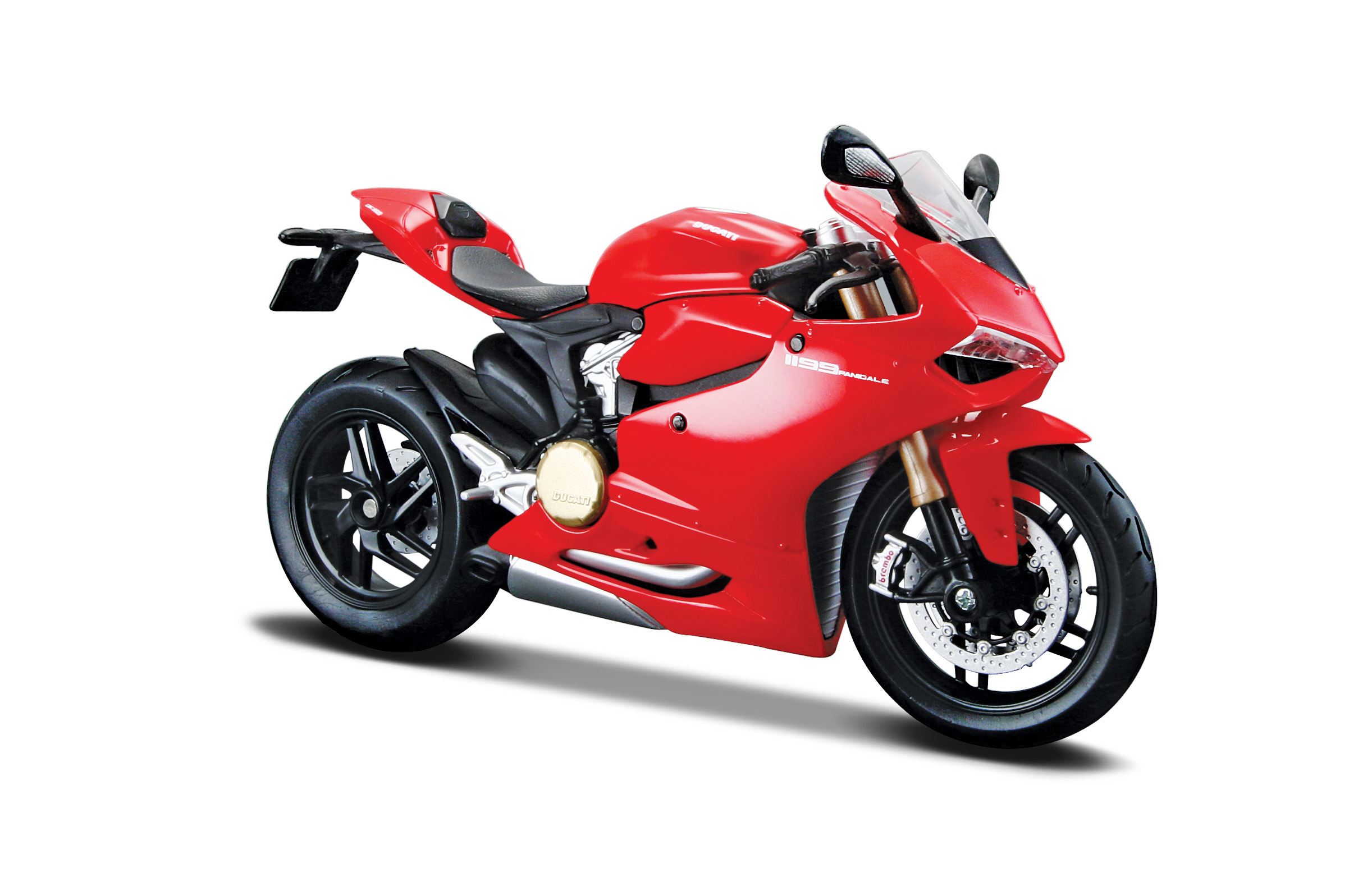 Rotes Ducati-Motorrad auf weißem Hintergrund, zeigt die Details des Motorrads.
