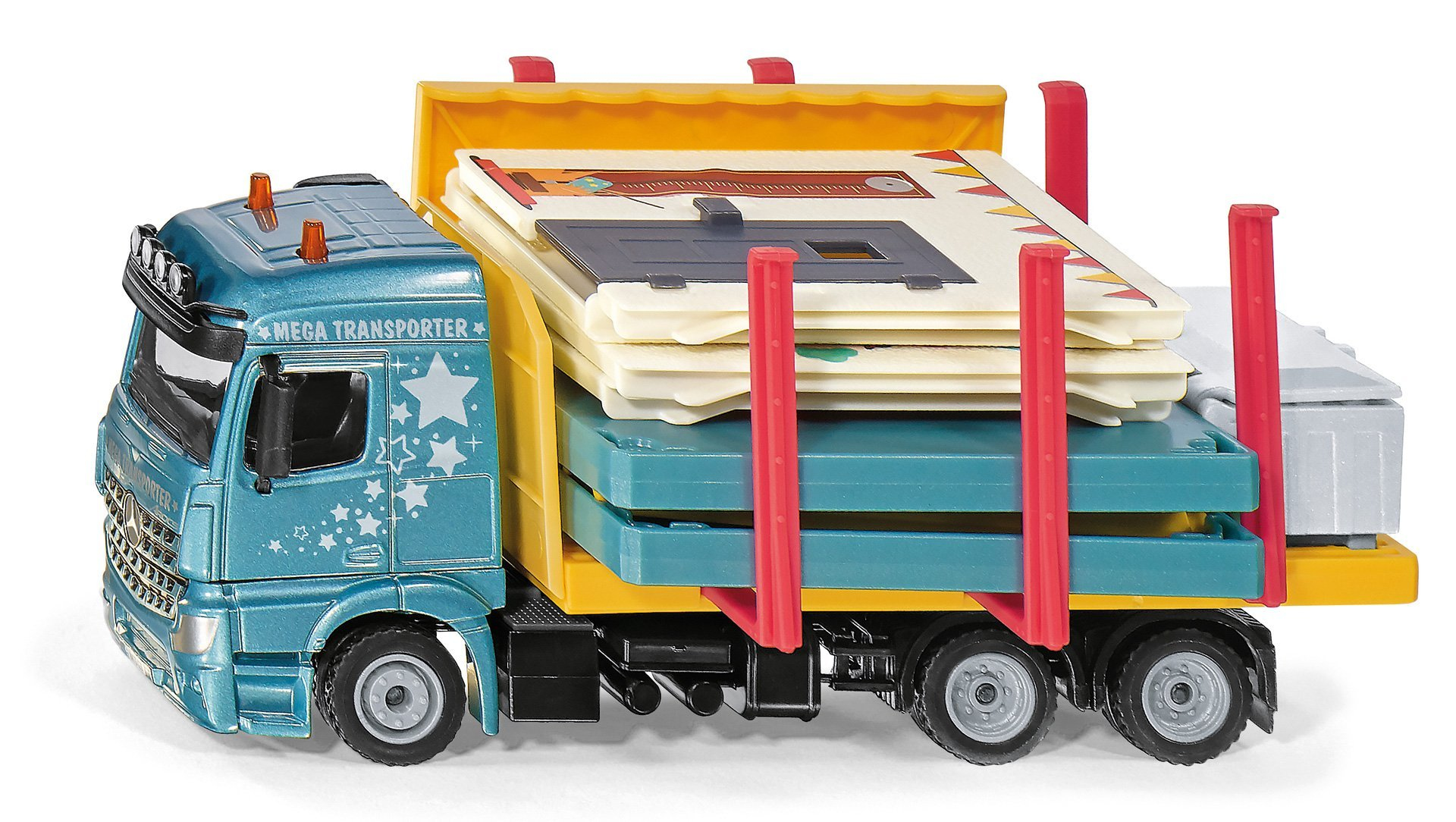Ein blauer Spielzeug-LKW transportiert gestapelte weiße und tealfarbene Objekte auf einer gelben Ladefläche, roten Stützpfosten.