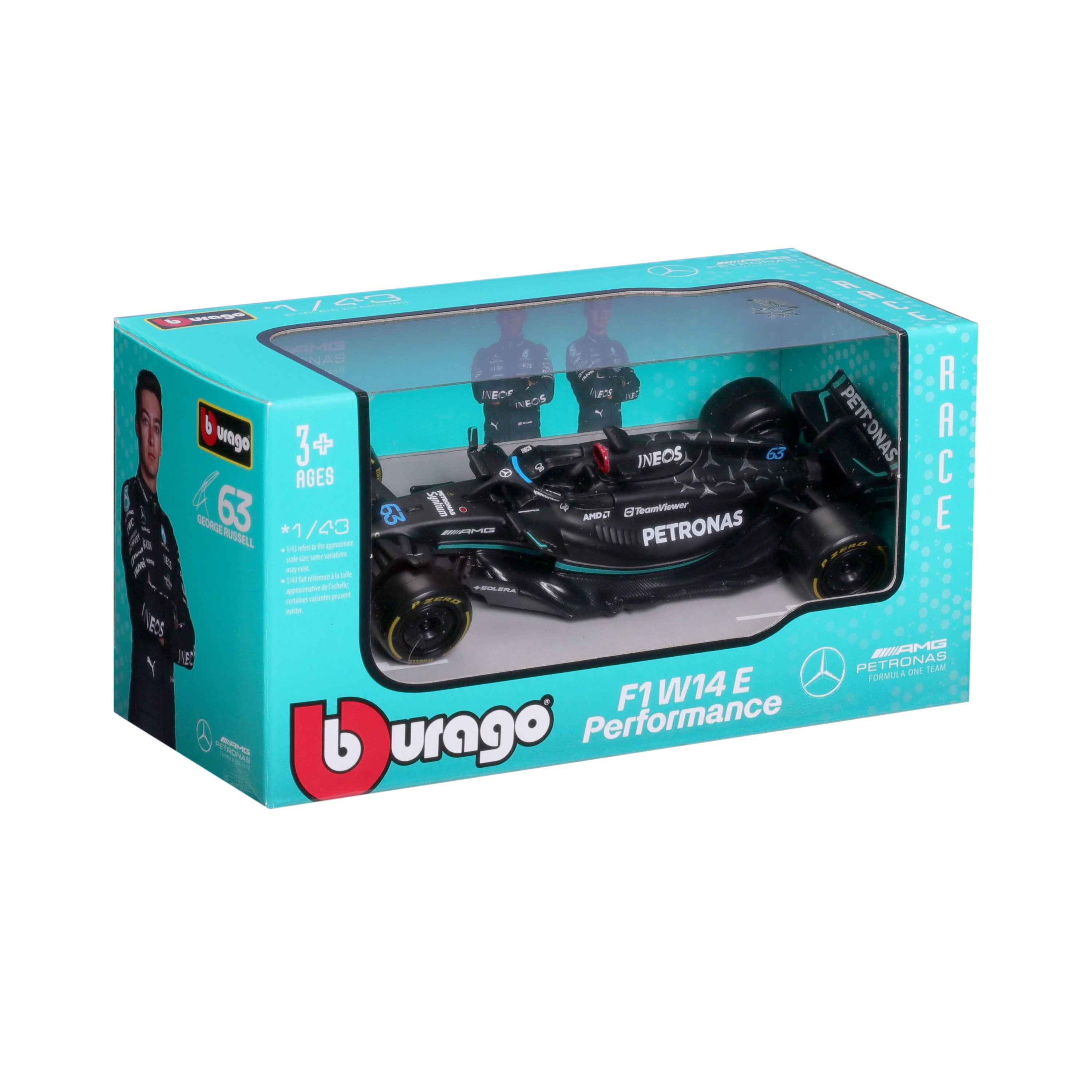 Ein Spielzeug-Rennwagen in einer Displaybox mit dem Namen George Russell und der Marke Burago.