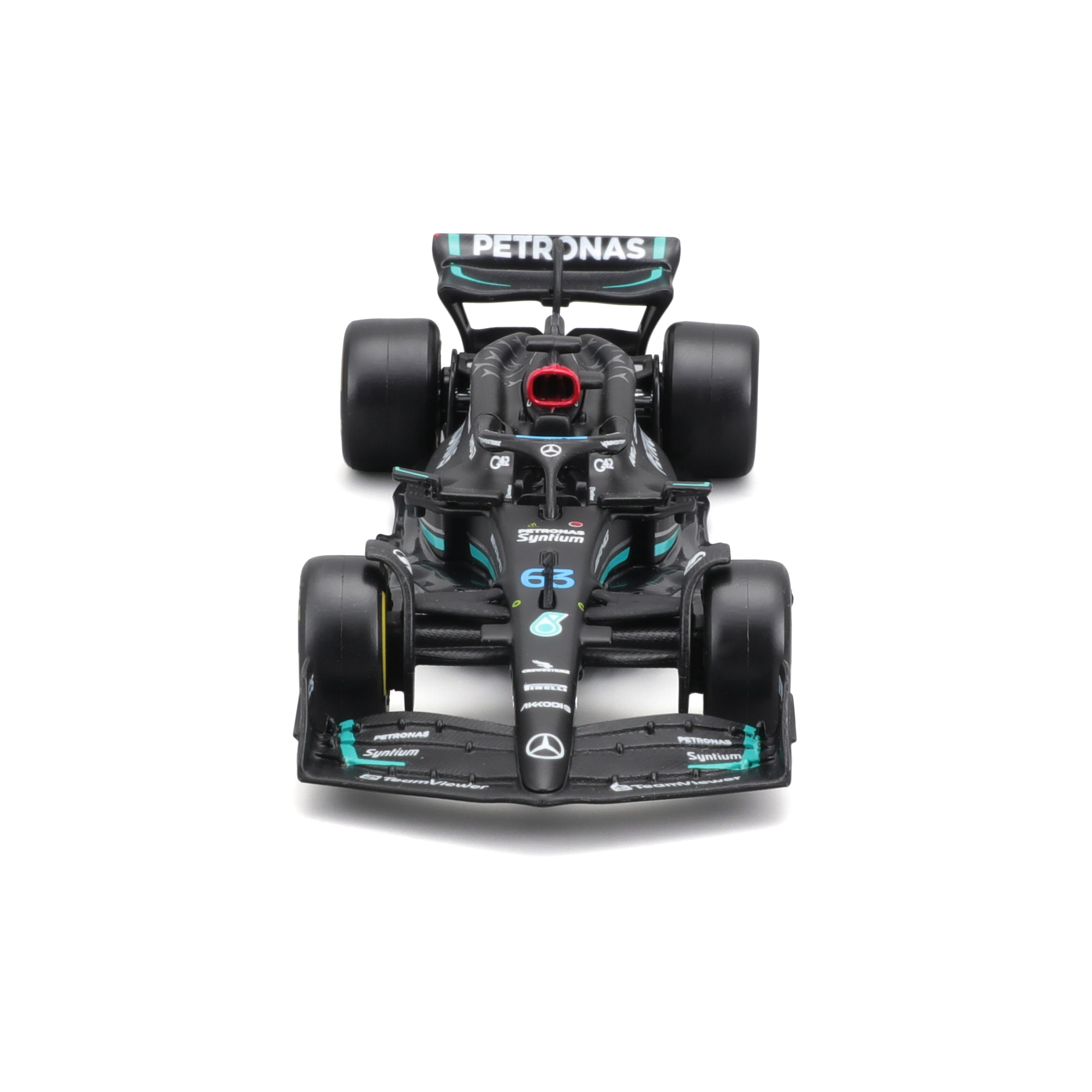 Ein schwarzes Formel-1-Rennauto mit der Nummer 63.