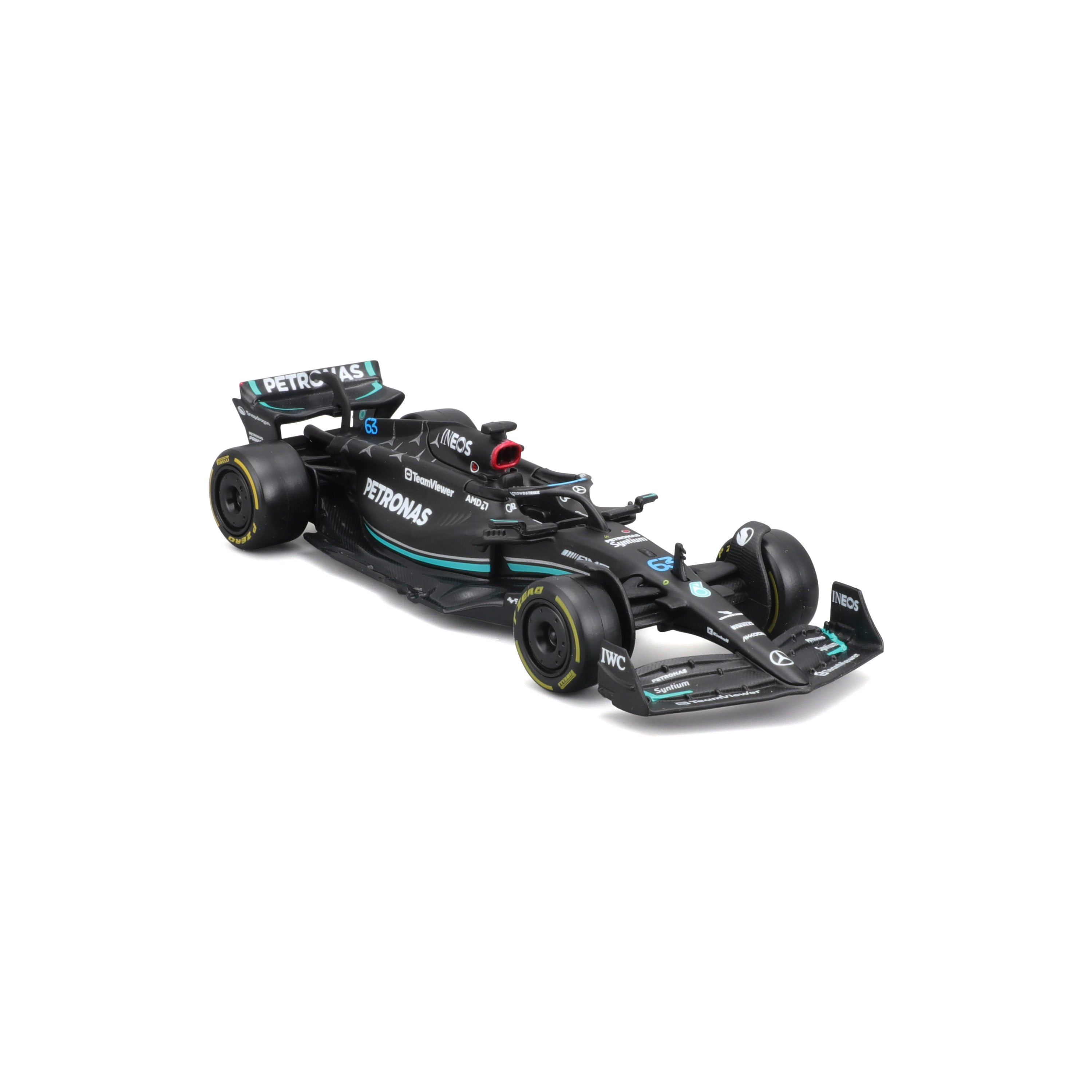 Ein schwarzes Formel-1-Auto auf einer weißen Oberfläche.