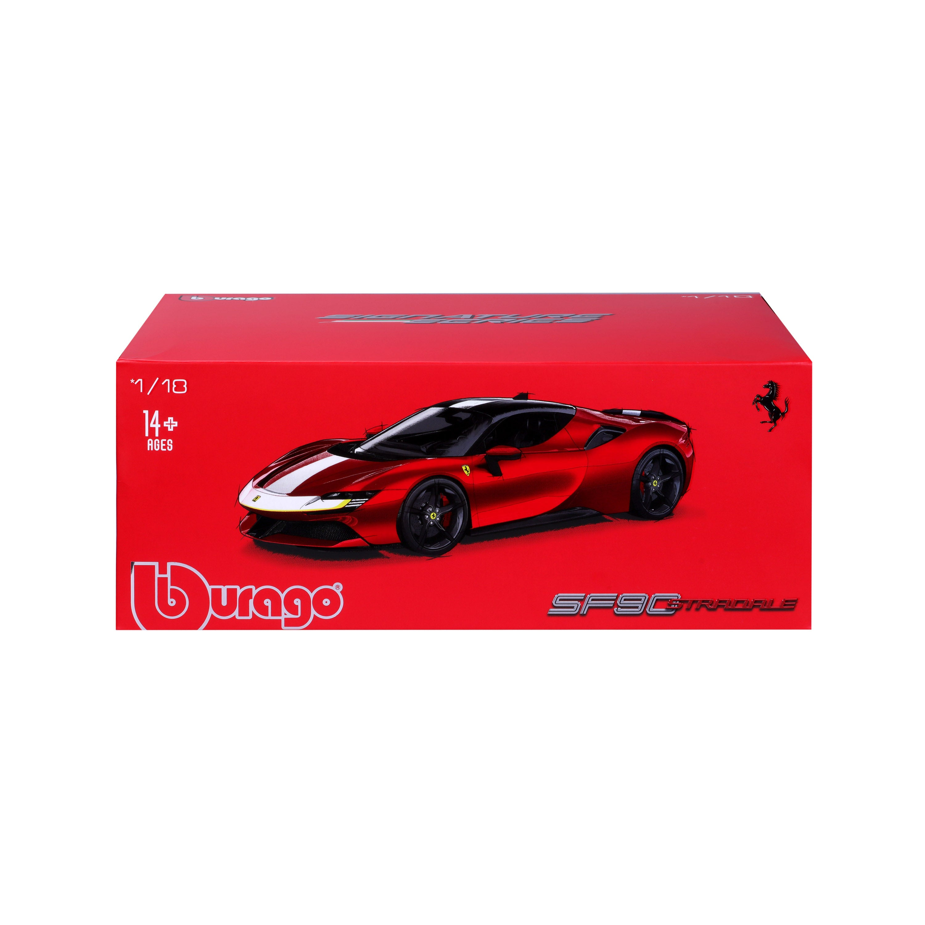 Czerwone pudełko modelu samochodu Burago ze zdjęciem Ferrari SF90 Stradale.