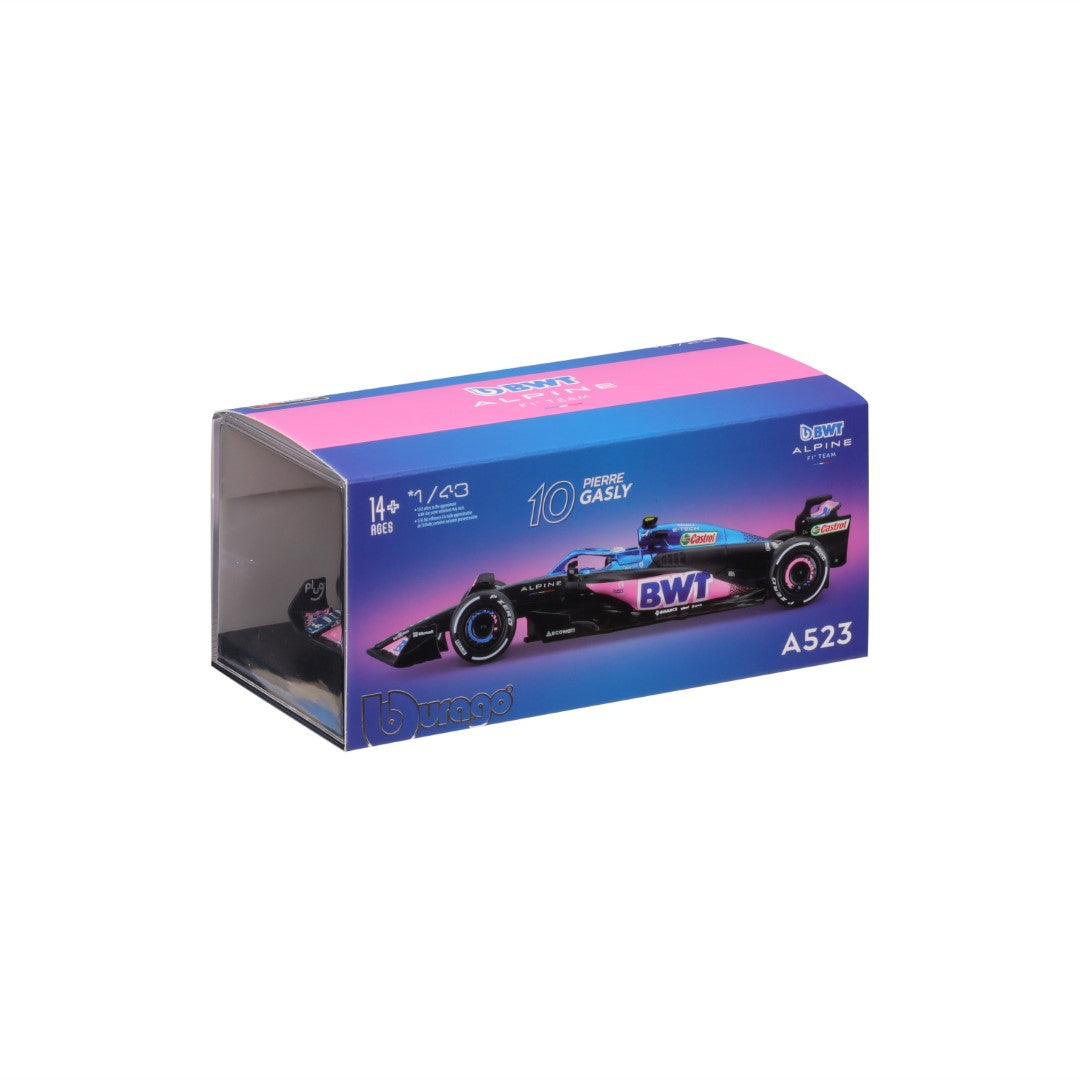 Bburago Modell-Rennwagen in einer transparenten Vitrine. Pinkes und blaues Farbschema. Sponsorenlogos sichtbar.