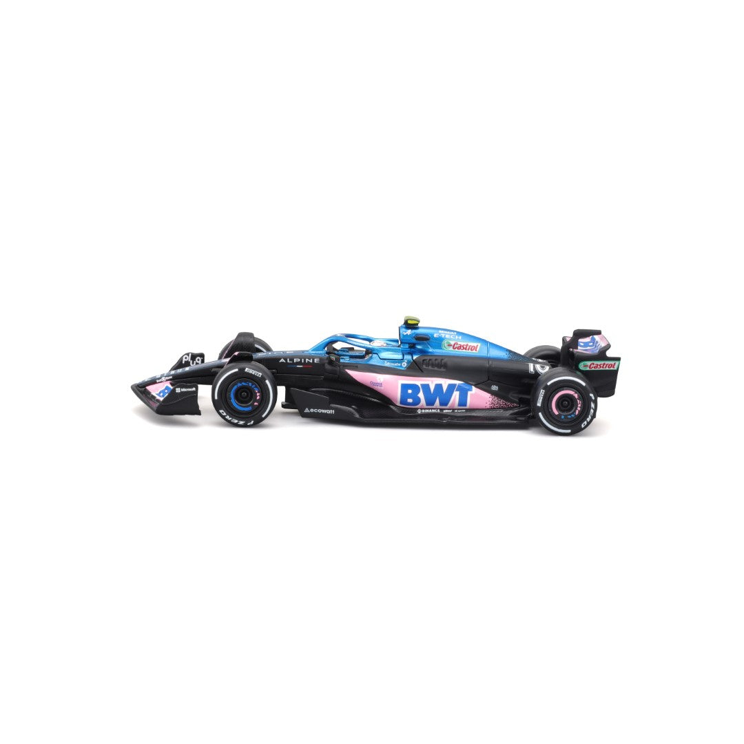 Blaues und schwarzes Rennauto. Alpine-, BWT- und Castrol-Logos. Weißer Hintergrund.
