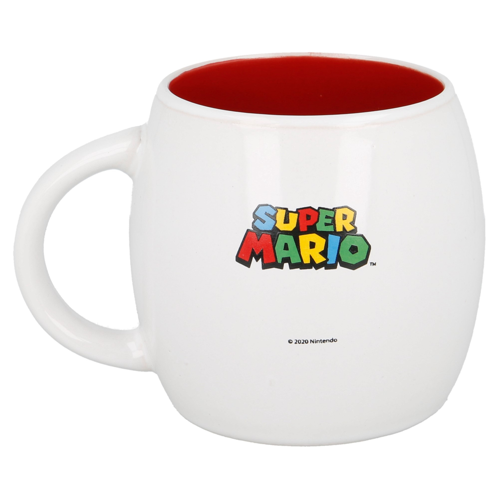 Taza blanca de Super Mario con el logo de Super Mario y el interior rojo.