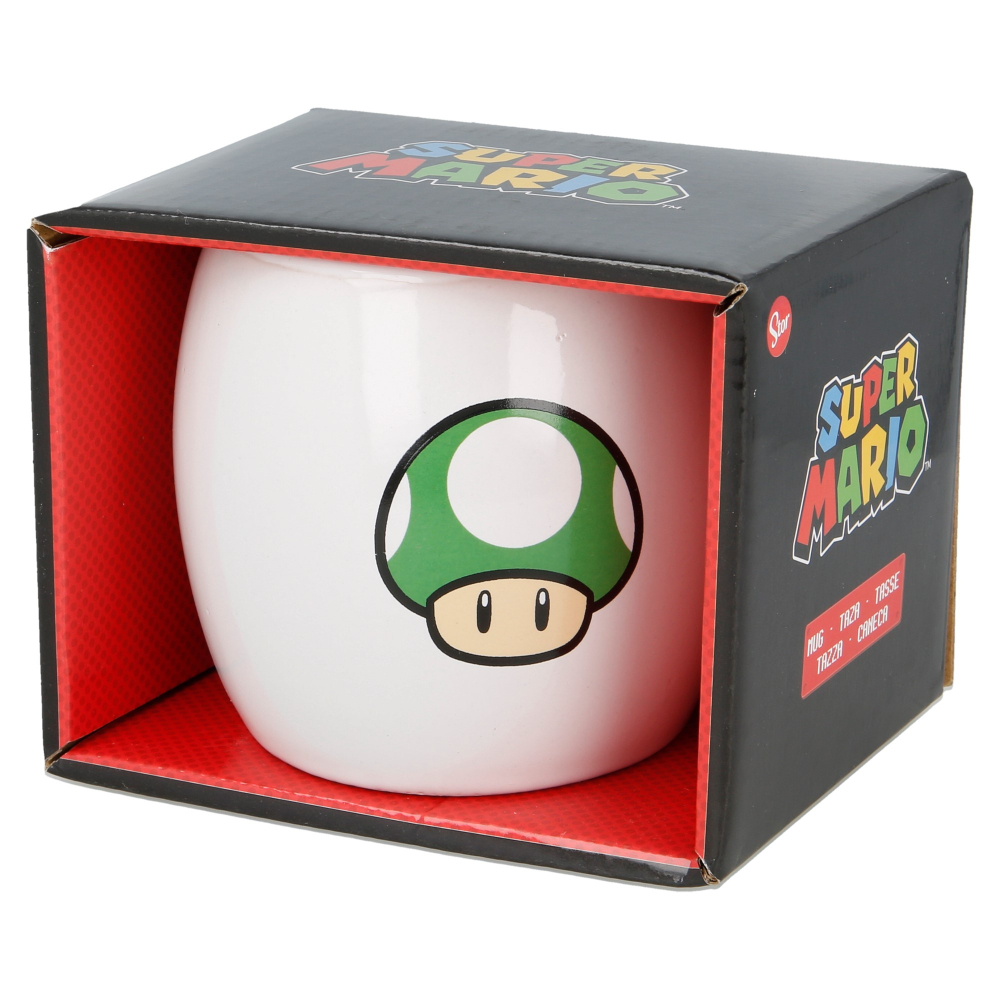 Taza blanca de Super Mario con diseño de hongo verde, en una caja negra.