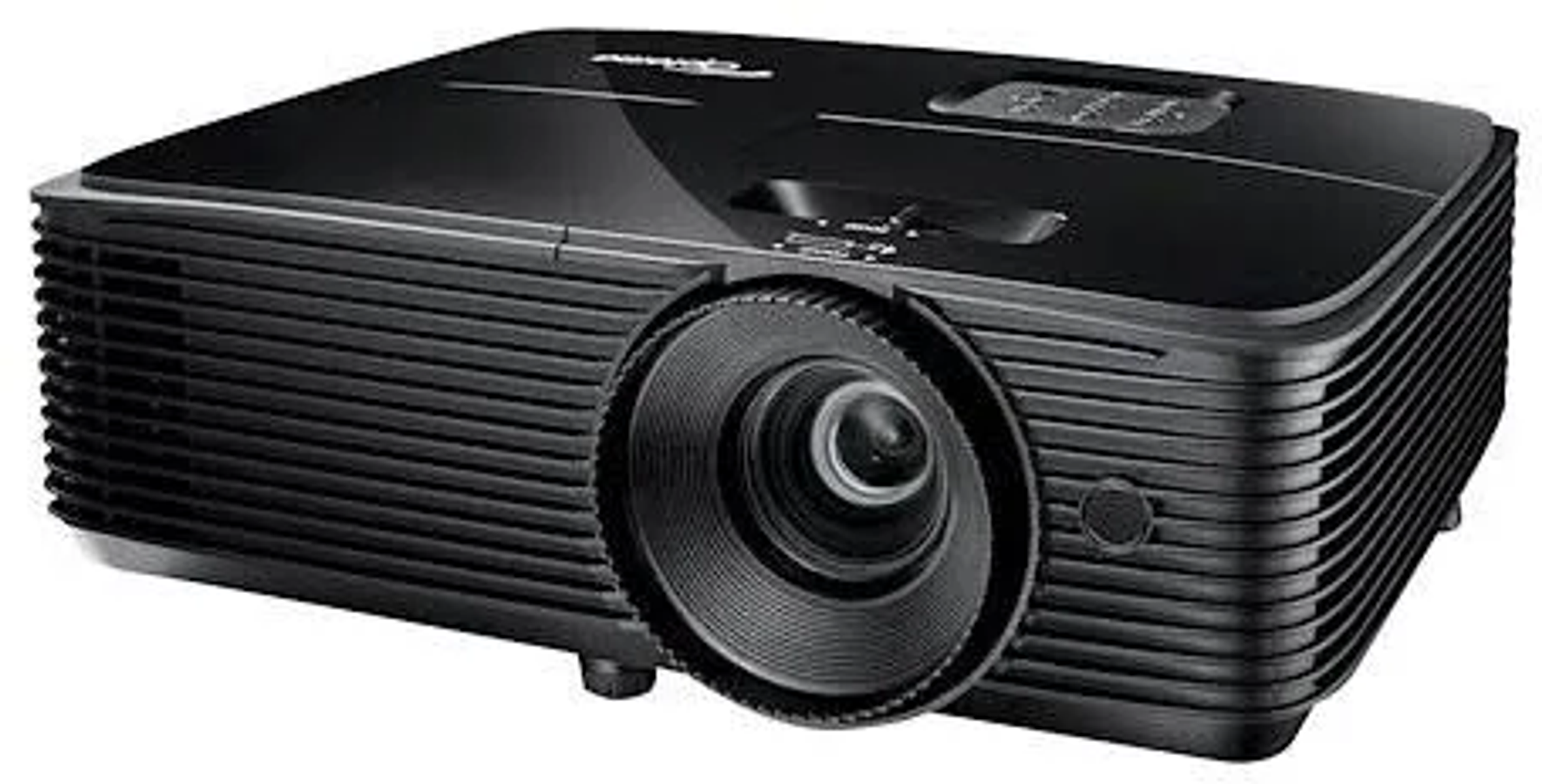 Czarny projektor Optoma z dużą soczewką i kilkoma przyciskami sterowania.