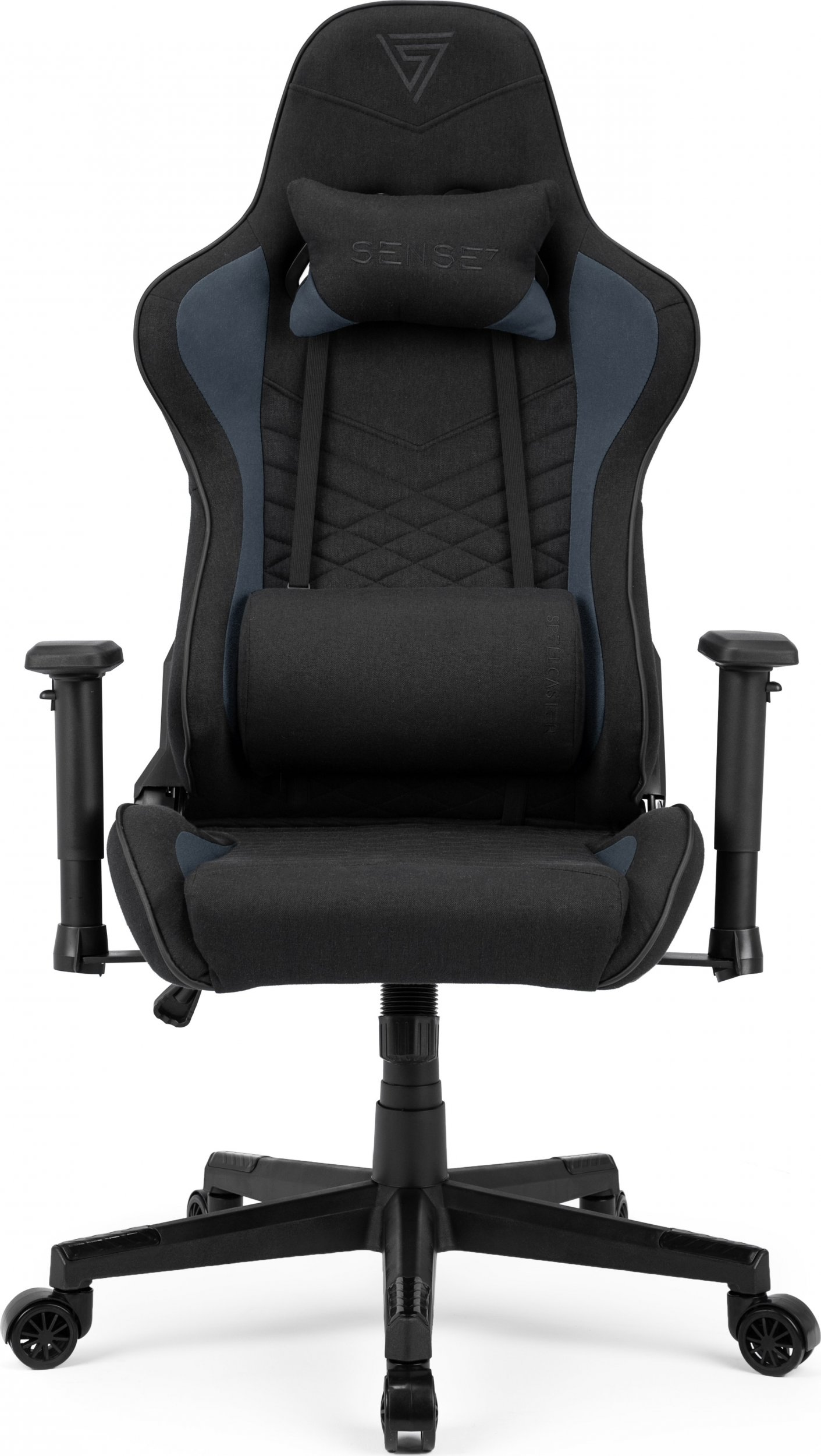 Zwarte gamingstoel met blauwe accenten, hoofdsteun, lendensteun en armleuningen.