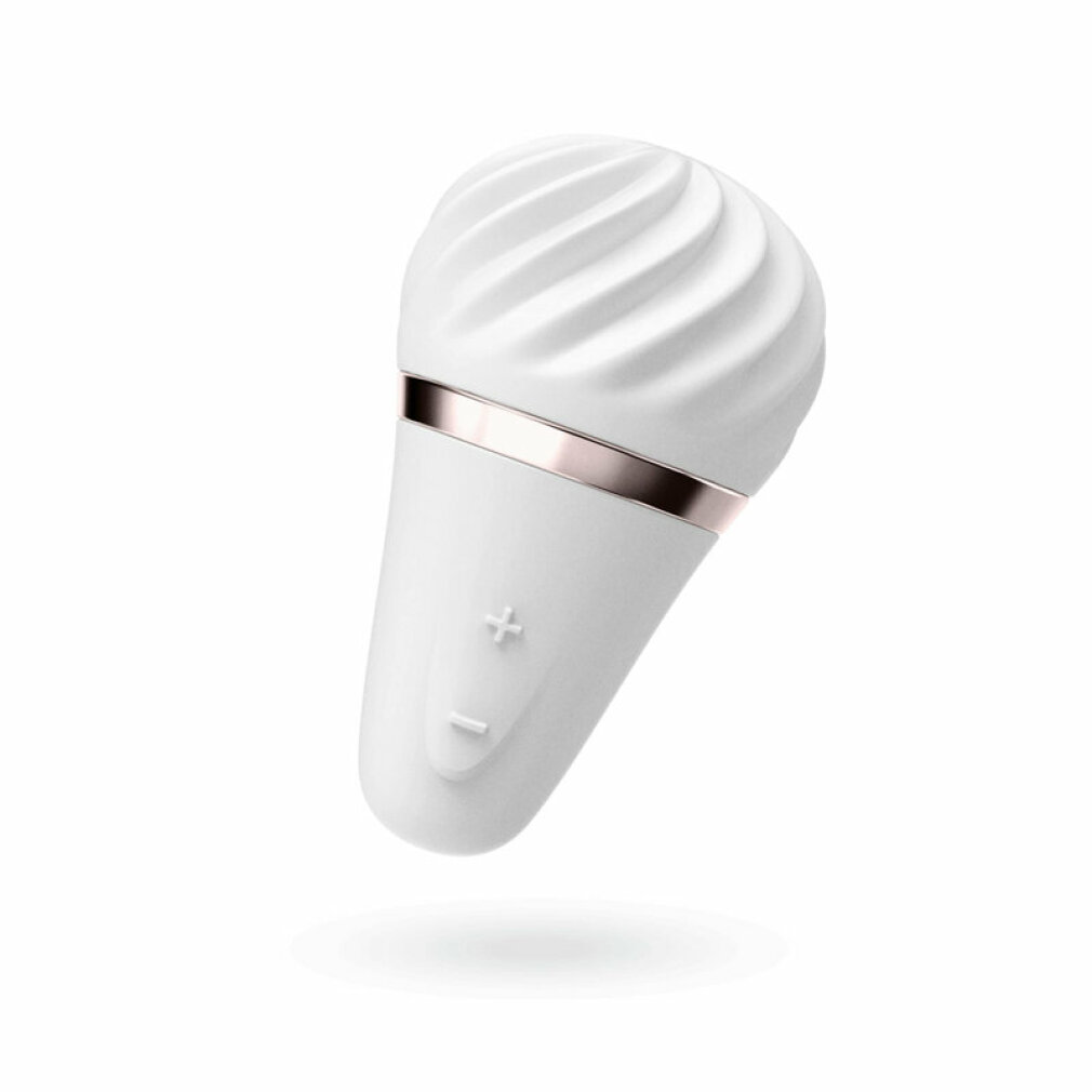 Biały wibrator w kształcie jaja ze srebrną opaską.