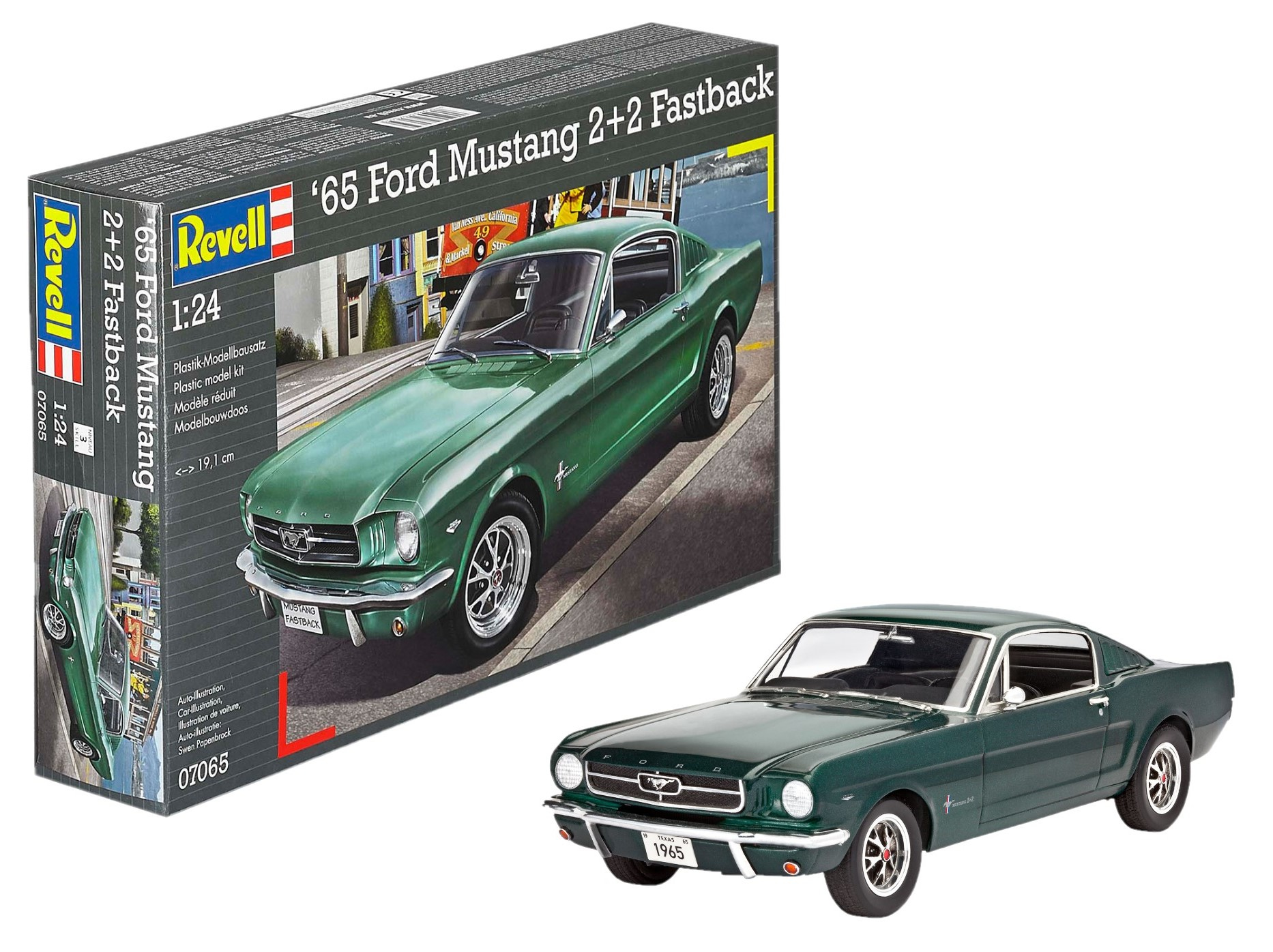 Een modelautokit van een groene '65 Ford Mustang 2+2 Fastback, met de doos op de achtergrond.
