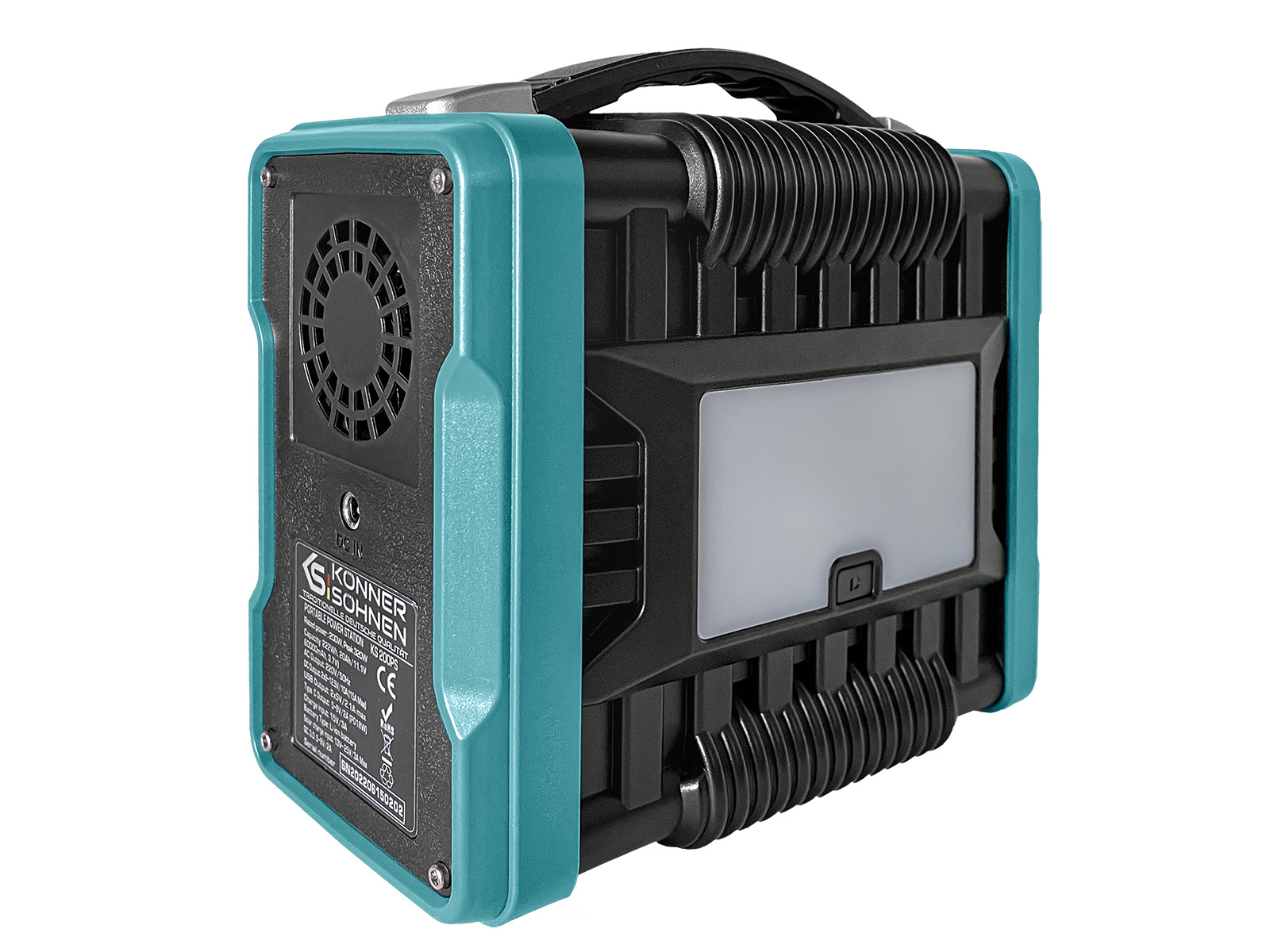 Turkusowo-czarna lampa robocza z uchwytem, otworami wentylacyjnymi i wejściem zasilania.