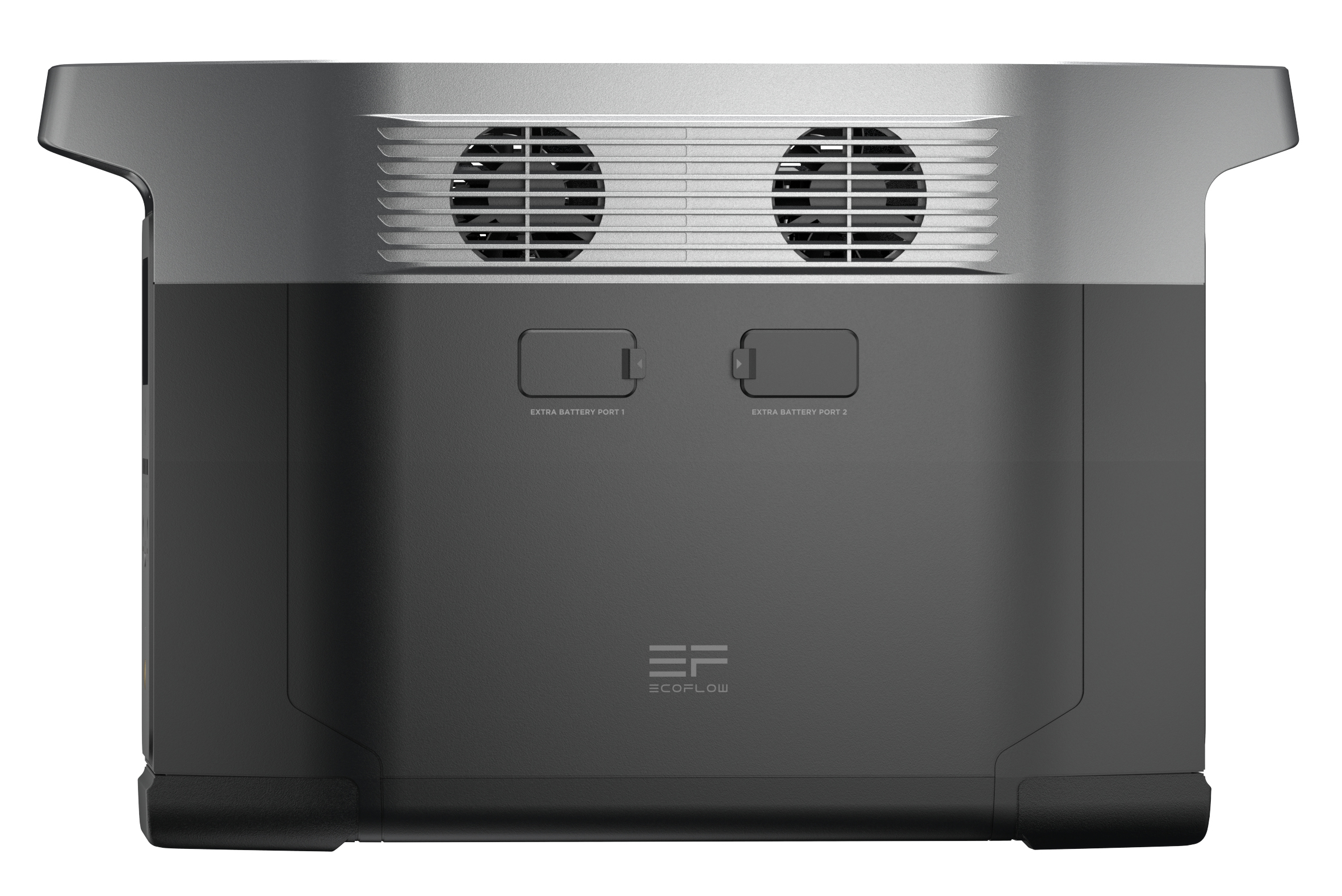 Ein schwarzes und graues Gerät mit zwei Lüftungsöffnungen und zwei 'Extra Battery Port'-Etiketten, von hinten gesehen.