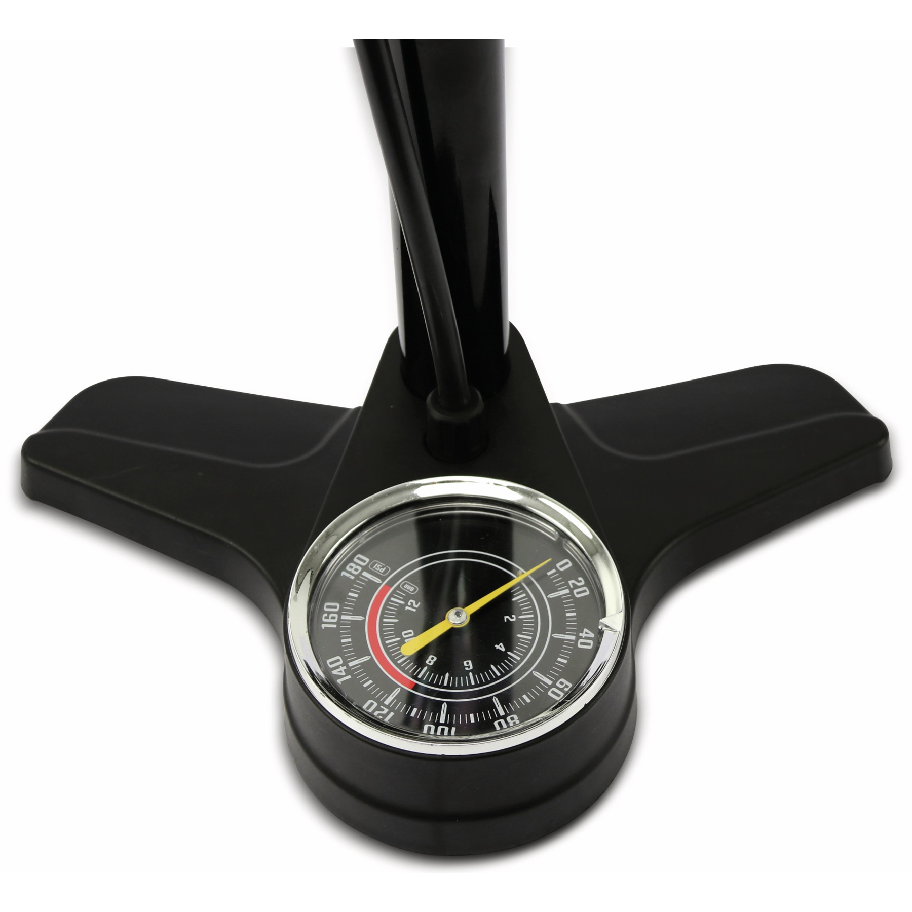 Black bicycle pump with a circular gauge showing pressure levels and a yellow needle.