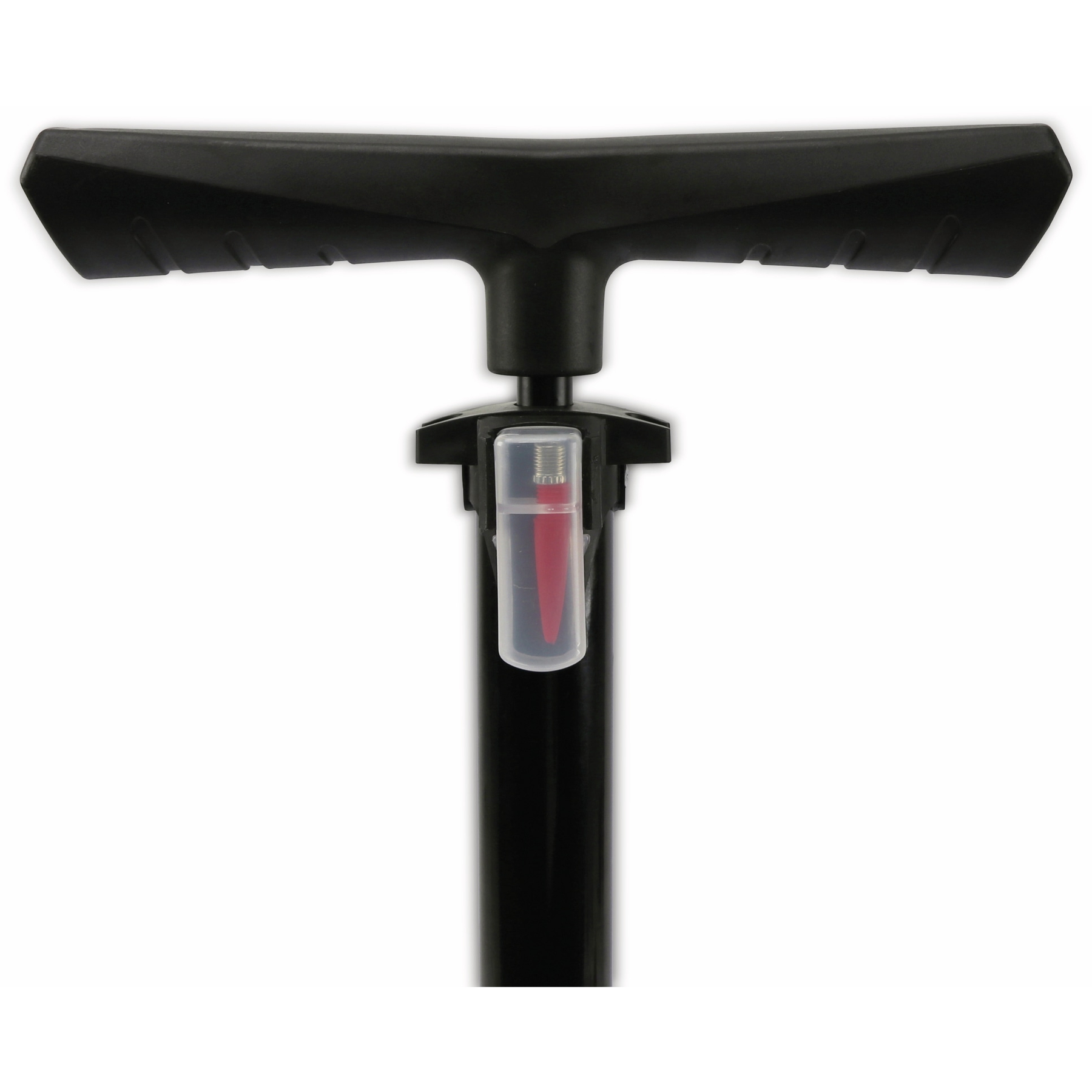 Black bike pump with a red valve adapter. White background.