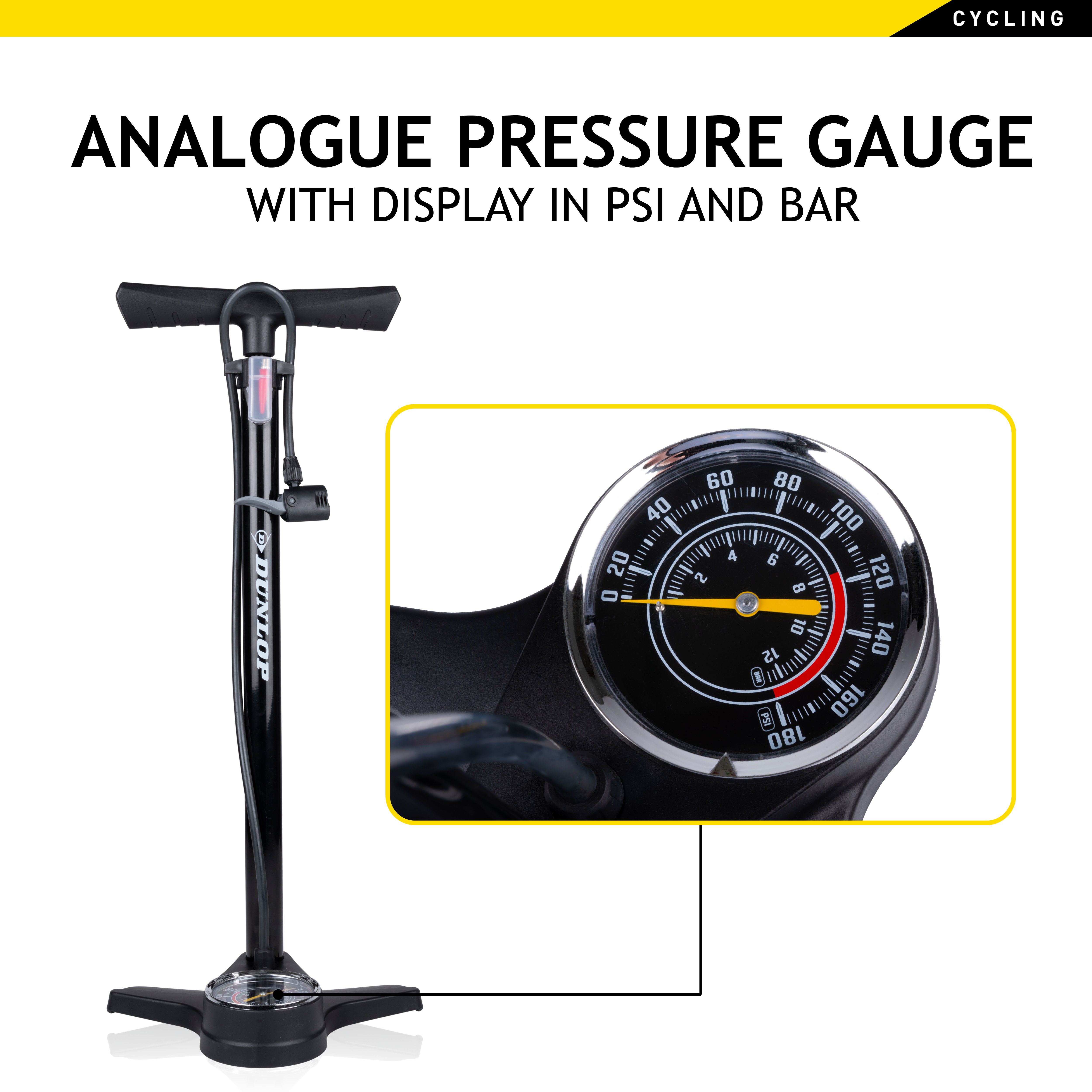 A black and silver bicycle pump with a pressure gauge. The gauge shows 0-160 psi.