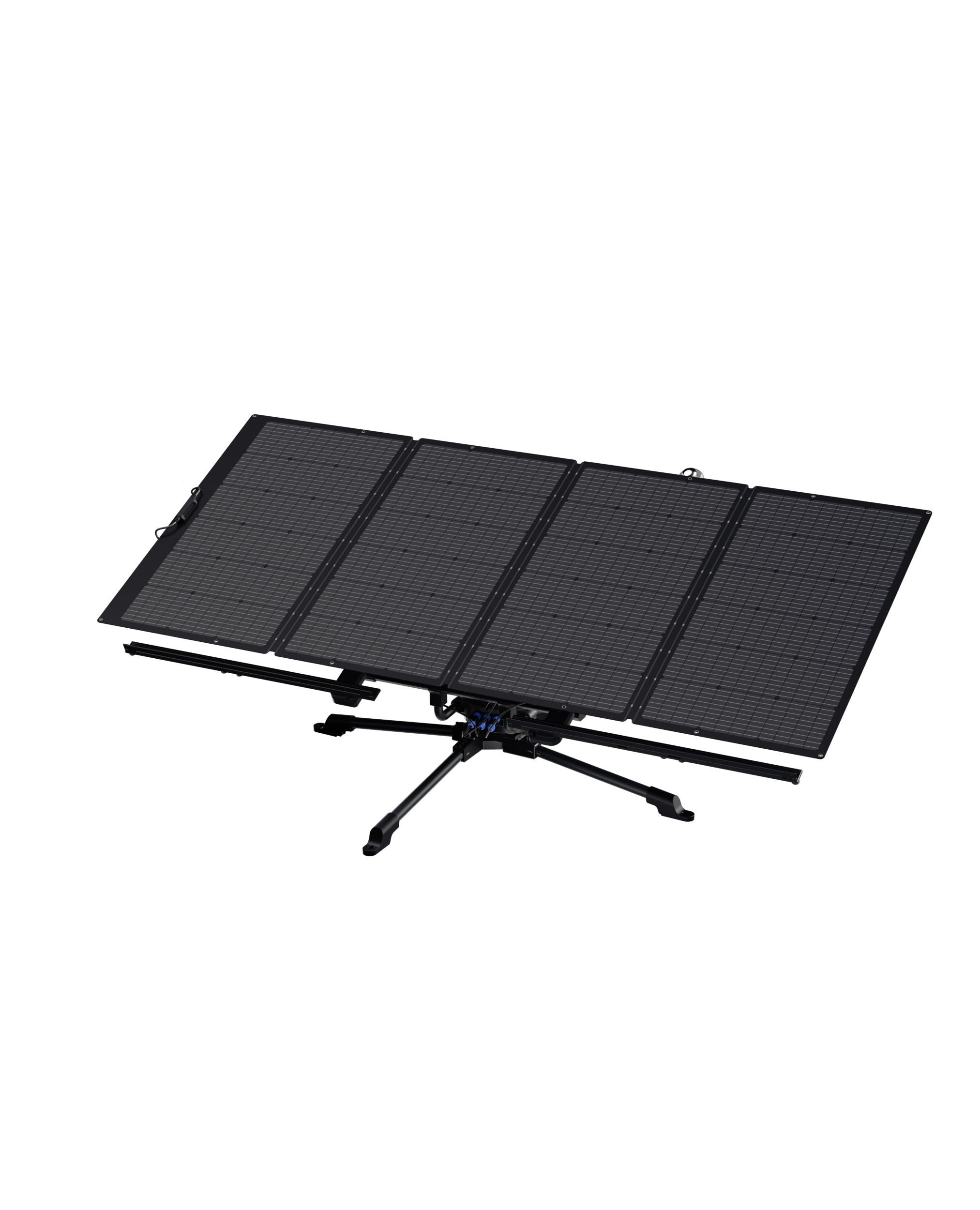 Een opvouwbaar zwart zonnepaneel. Het heeft vier panelen en staat op een standaard.