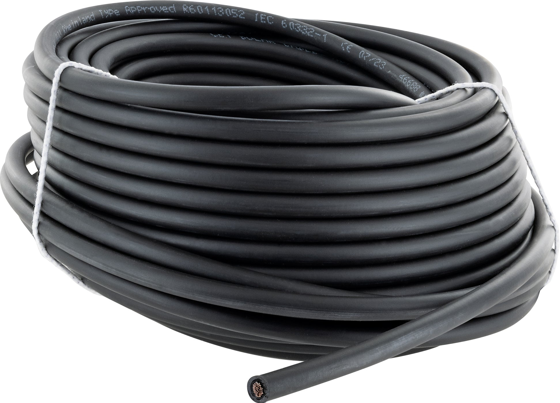 Ein aufgerolltes schwarzes Kabel mit einem freiliegenden Kupferdraht am Ende, gebunden mit einem weißen Faden.
