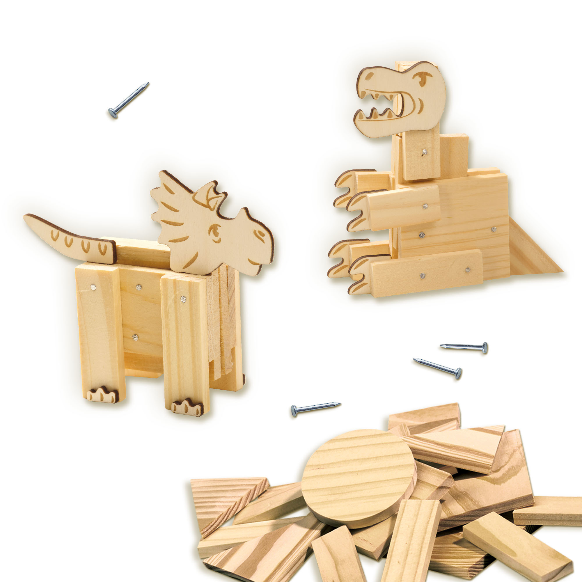 Holzspielzeug-Dinosaurier, unmontiert. Enthält einen Triceratops und einen T-Rex.