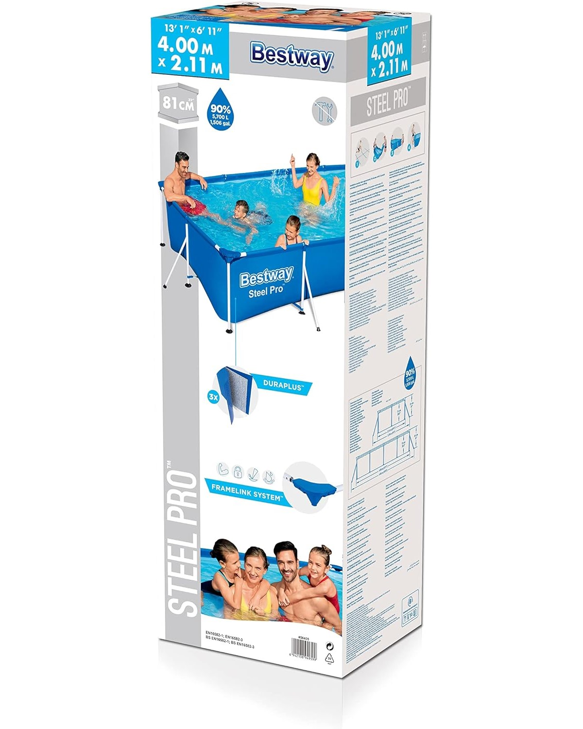 Bestway Steel Pro Poolbox. Zeigt Poolmaße, Familie im Pool und Produktmerkmale.