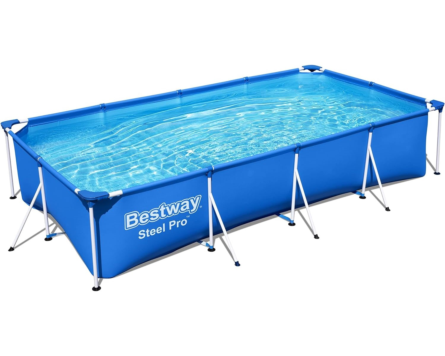 Blauer rechteckiger Pool mit Wasser, weißem Rahmen und blauem Futter. Bestway Steel Pro Logo sichtbar.